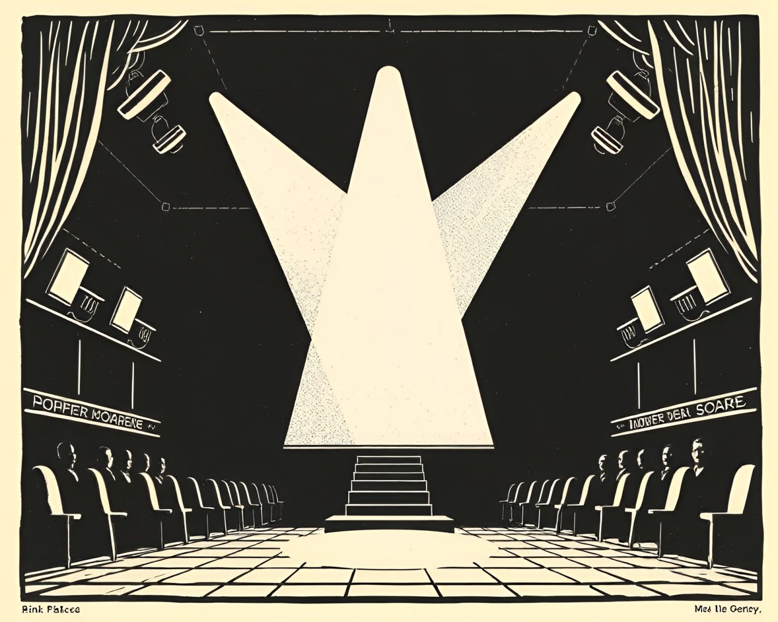 Dark linocut print of a mind palace under a spotlight