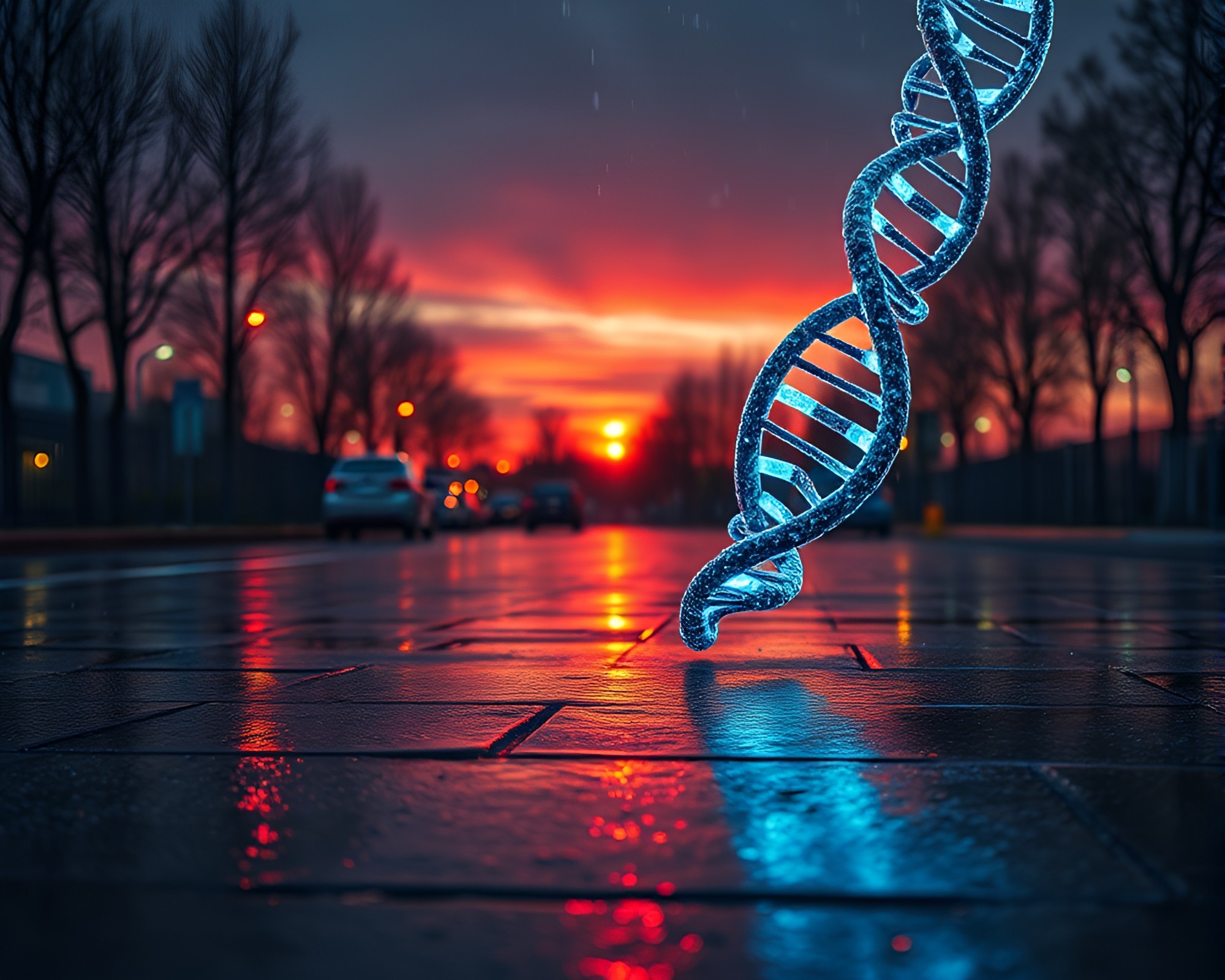 Twilight DNA Helix Reflects on Wet Pavement – free AI stock image
