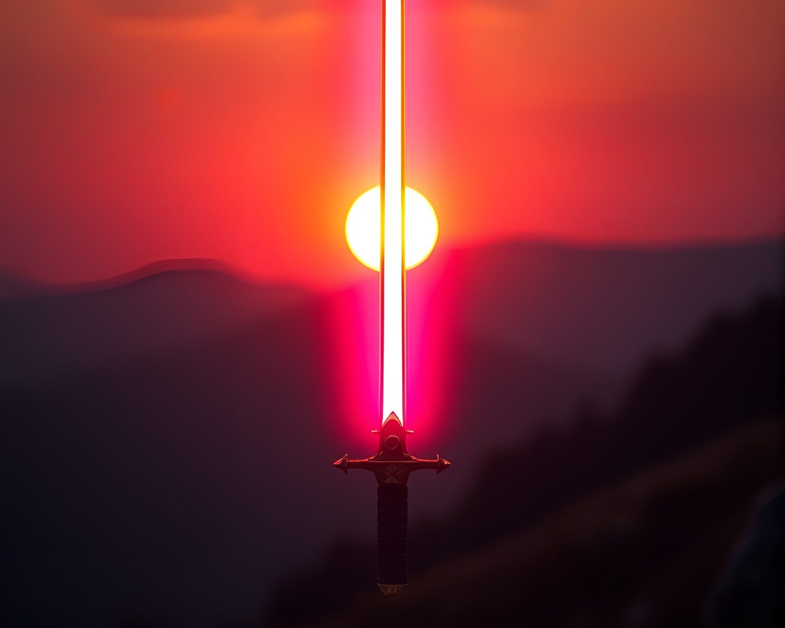 Colorful laser sword anatomy study in warm, twilight lighting