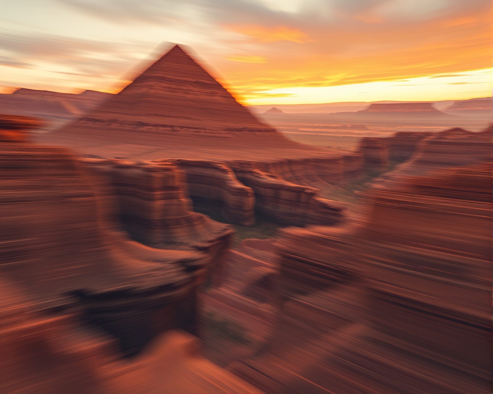 Abstract pyramid structure amidst blurred canyon landscape in rust tones