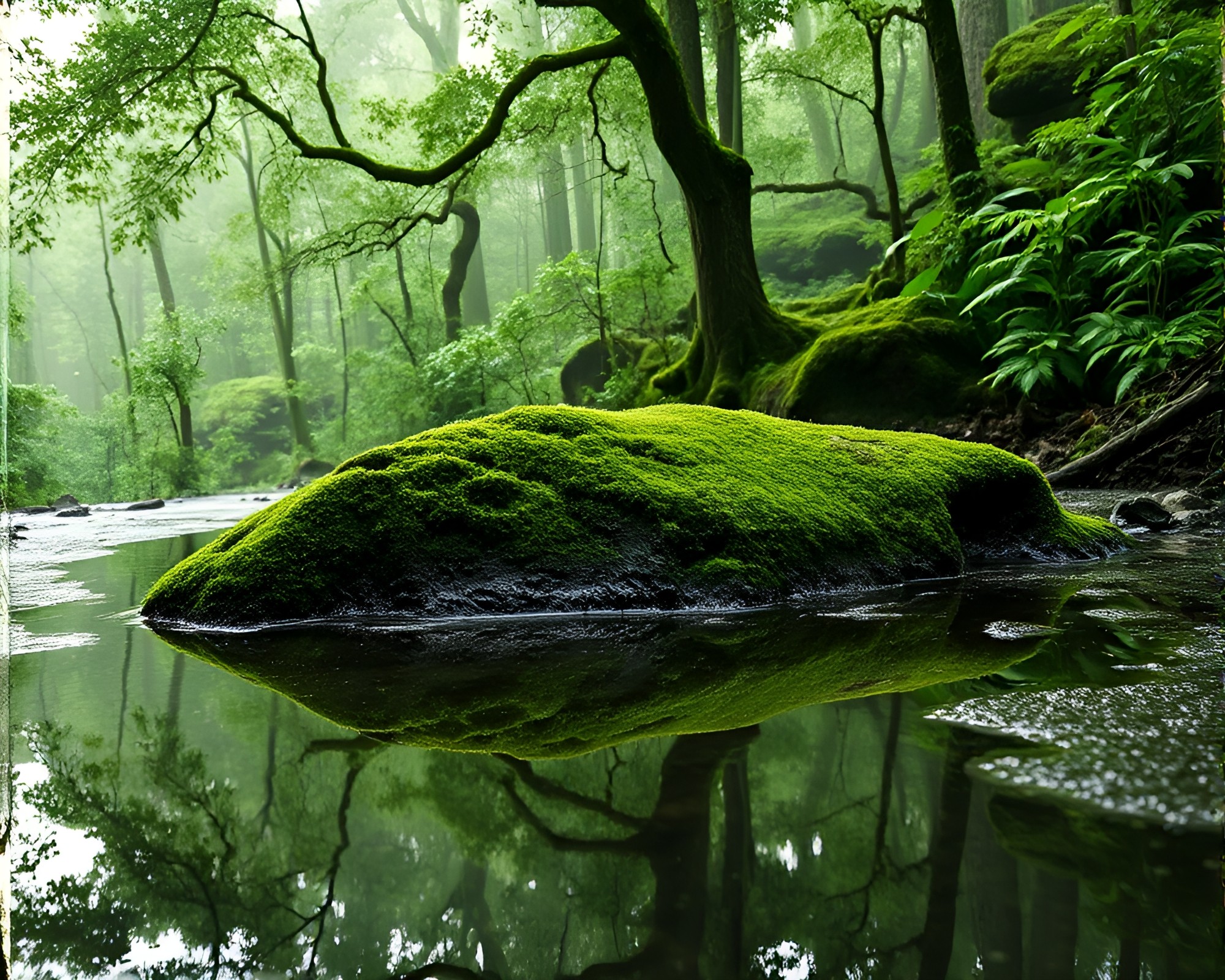 Enigmatic Moss-Covered Rock Reflecting in Puddle – free AI stock image
