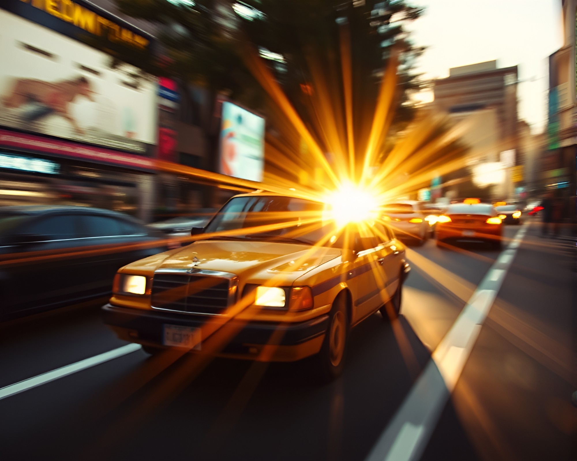 Steampunk taxi with blur streaks and sunbeam rays – free AI stock image
