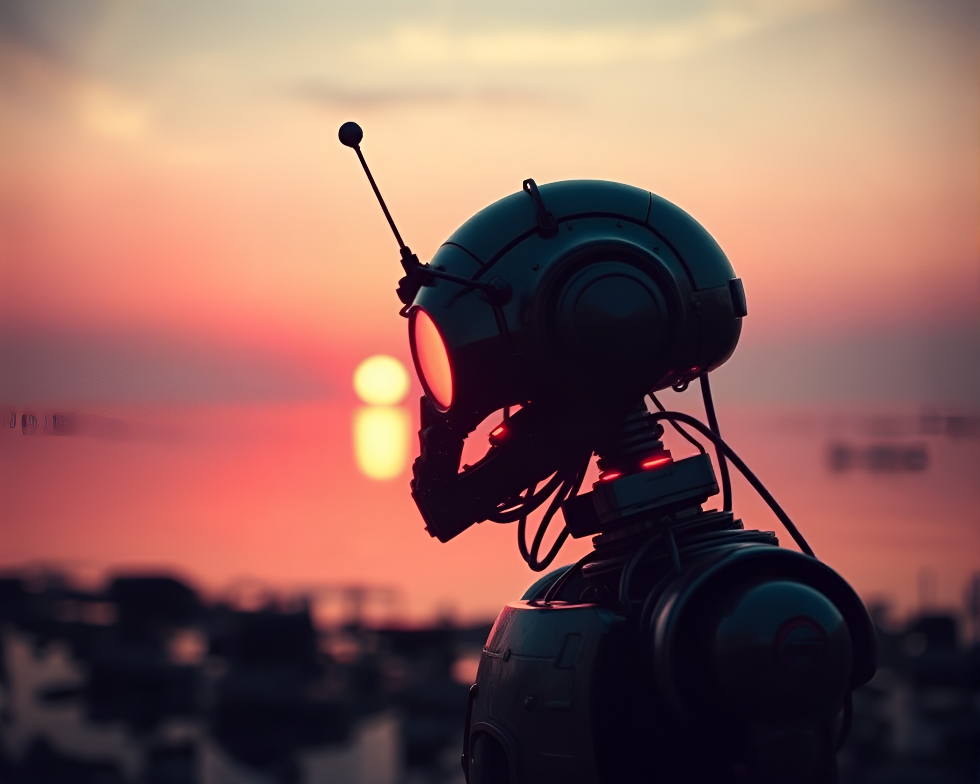 Steampunk Robot at Pink Sunrise Reflection on Water – free AI stock image