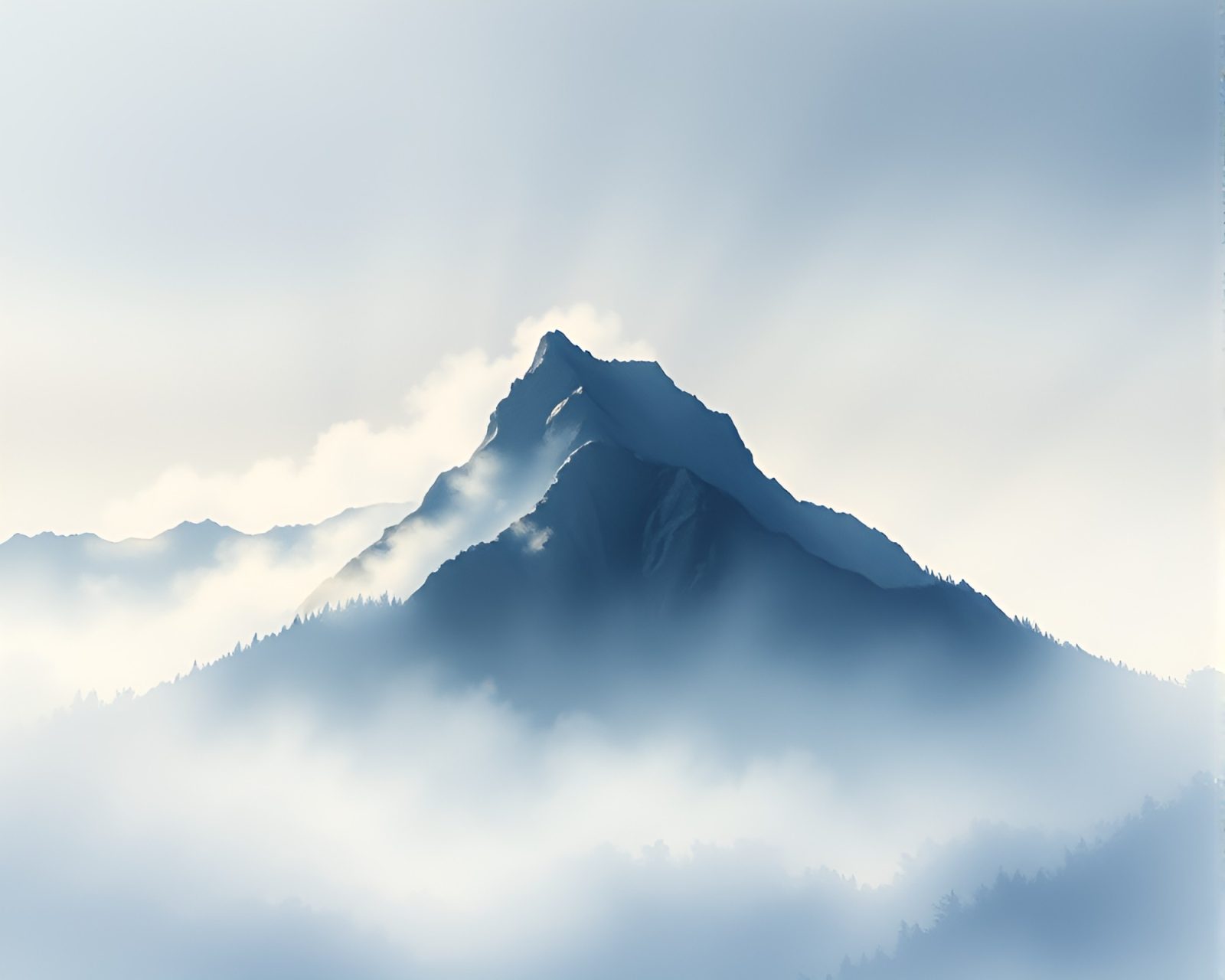 Soft shadowed mountain scene with gouache light streaks