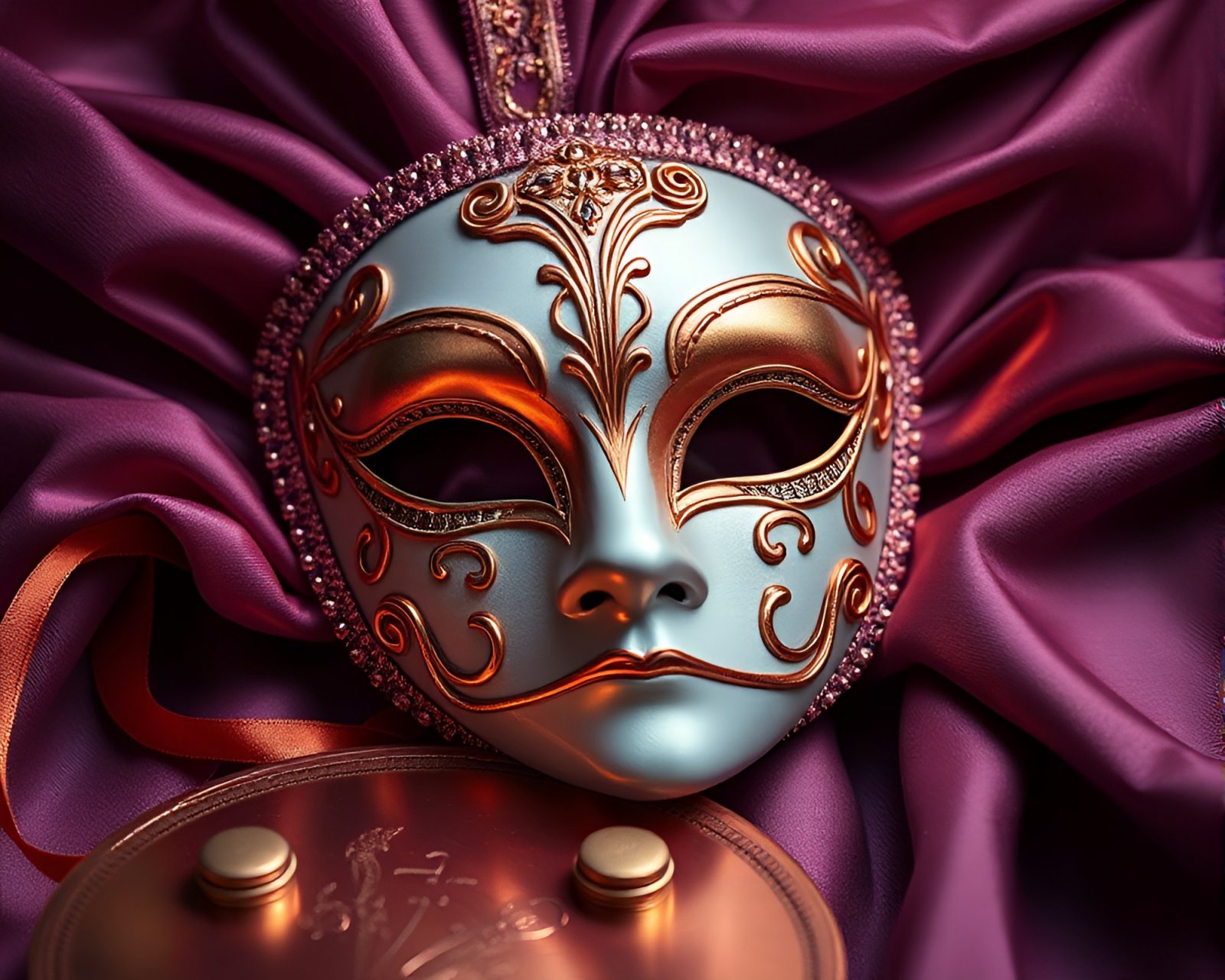 Intricately detailed Venetian mask glowing in rose gold hues