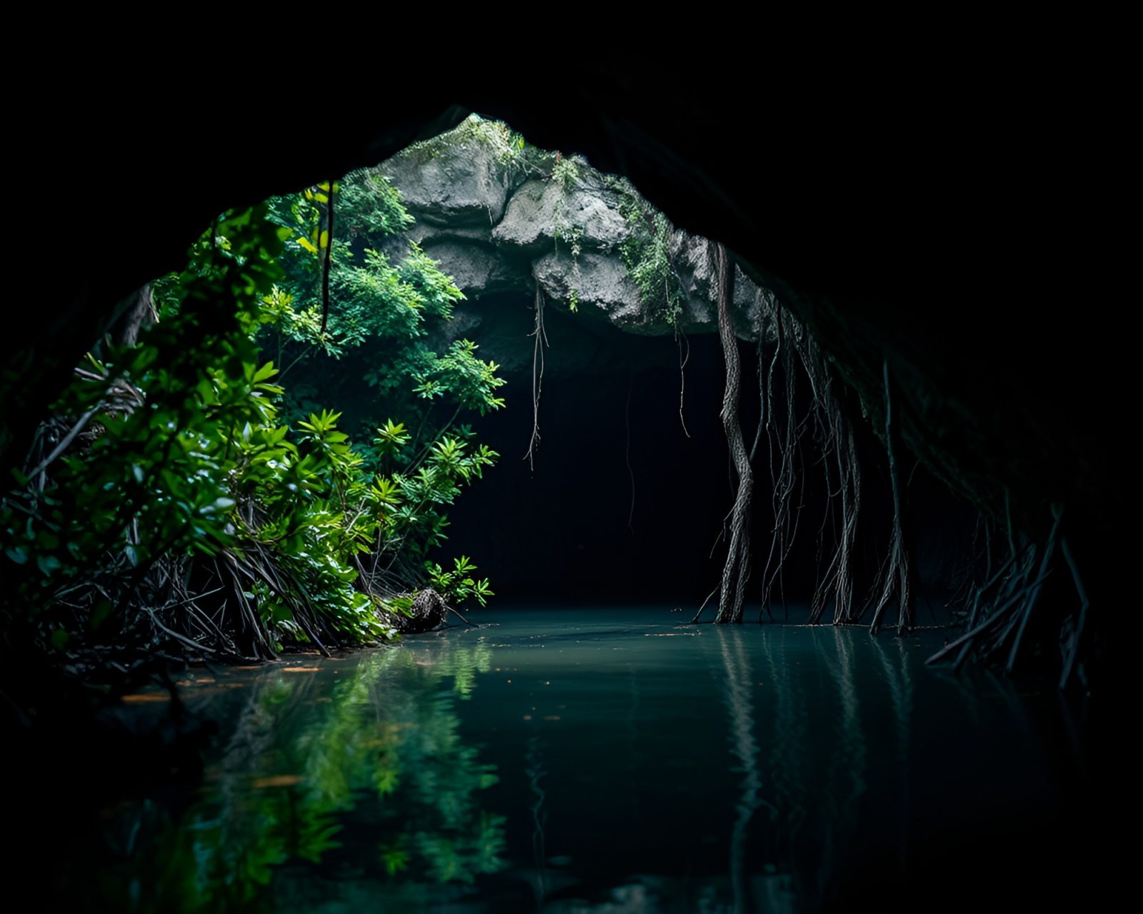 Enigmatic cave entrance in misty mangrove swamp