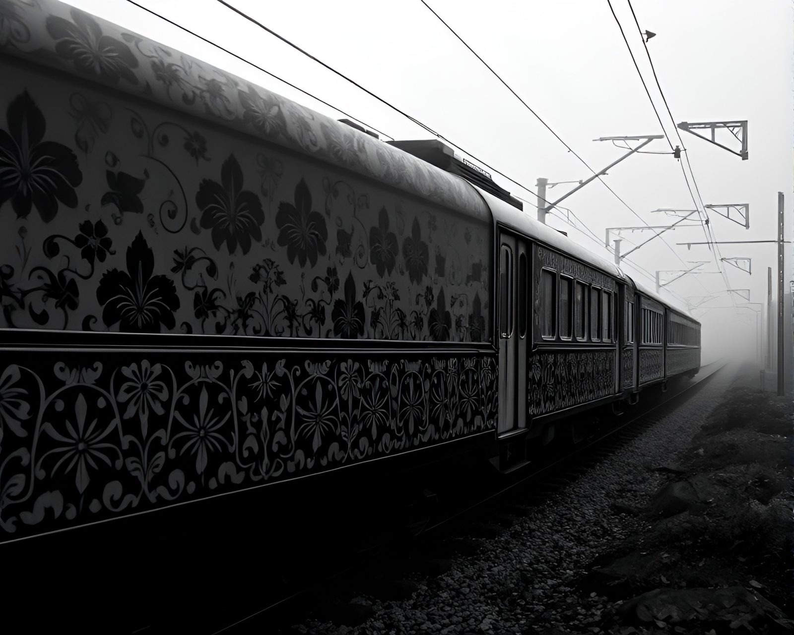 An elaborate black and white train track weaving delicately