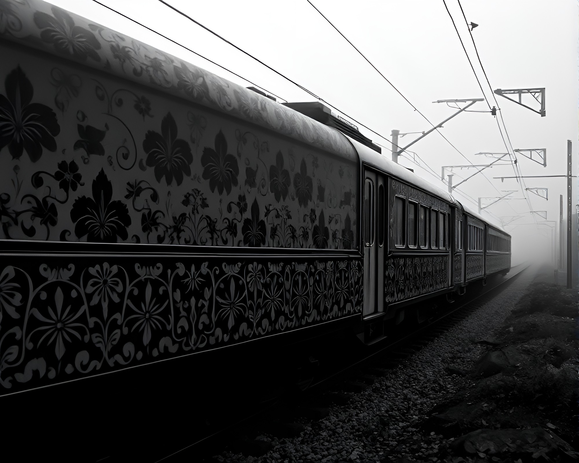 Intricate Train Tracks in Dreamy Monochrome – free AI stock image