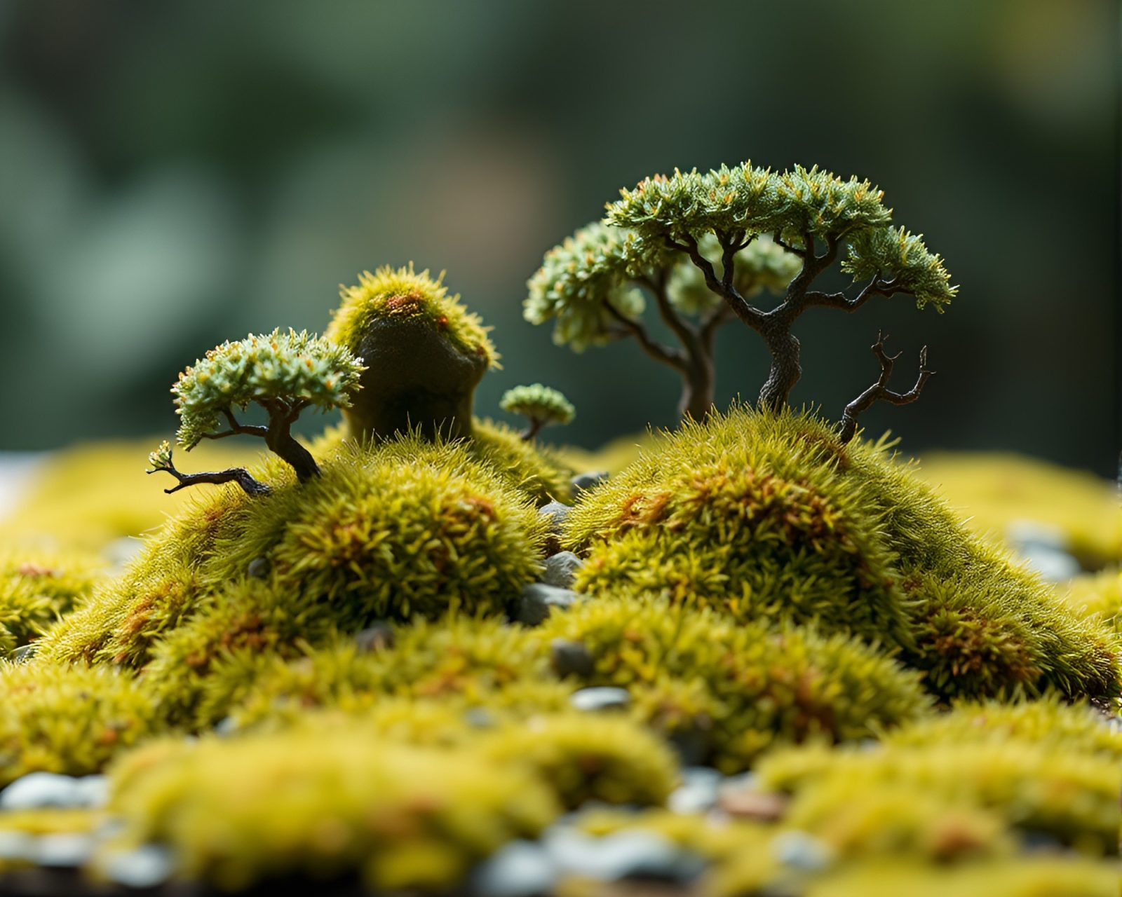 Voxel art depicting lush moss cubes in Savannah sunset light