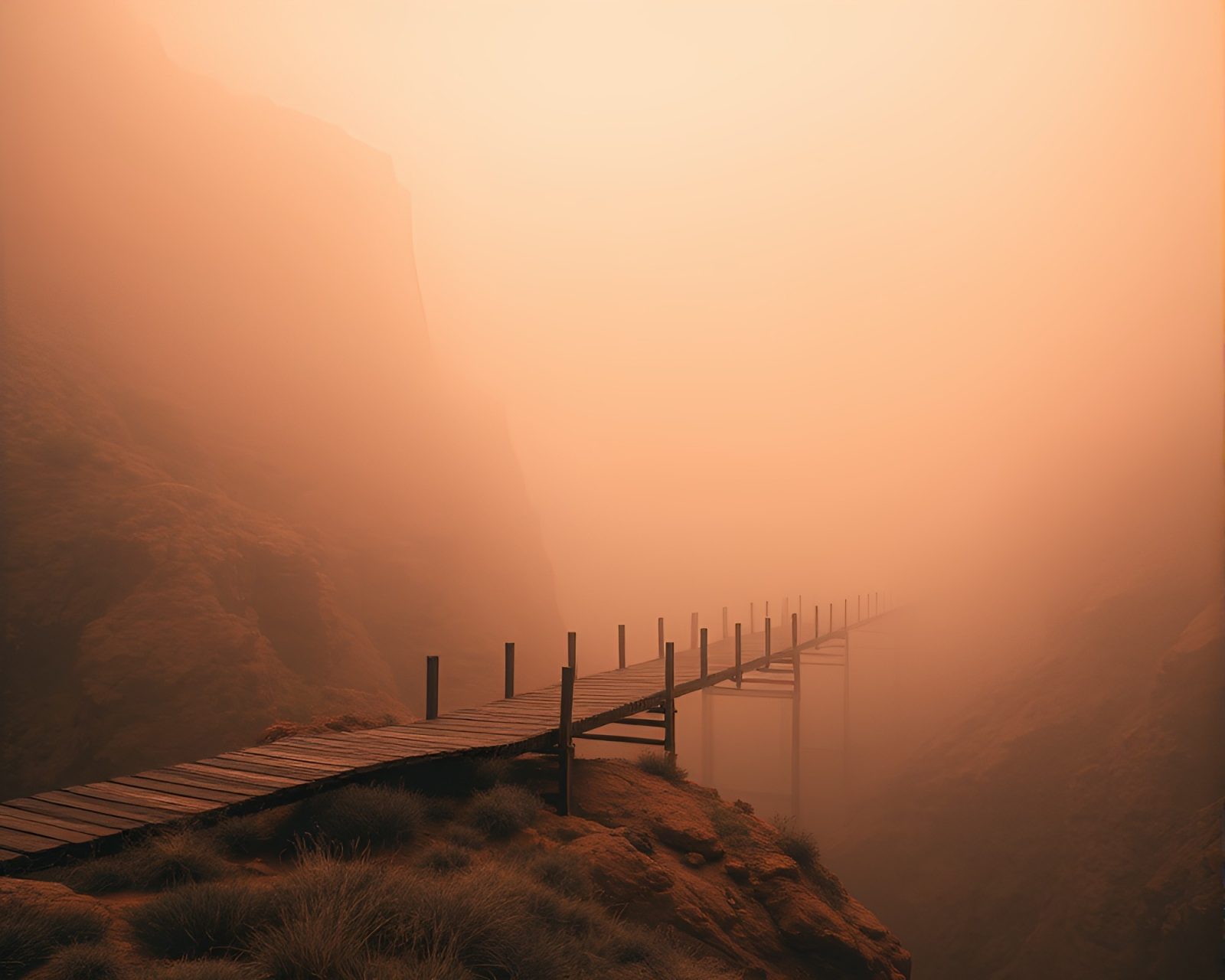 Rustic wooden bridge shrouded in drifting fog