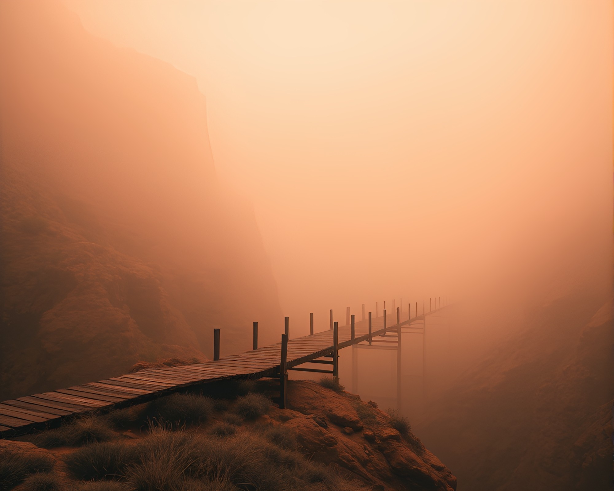 Enigmatic Wooden Bridge in Rustic Canyon Fog – free AI stock image