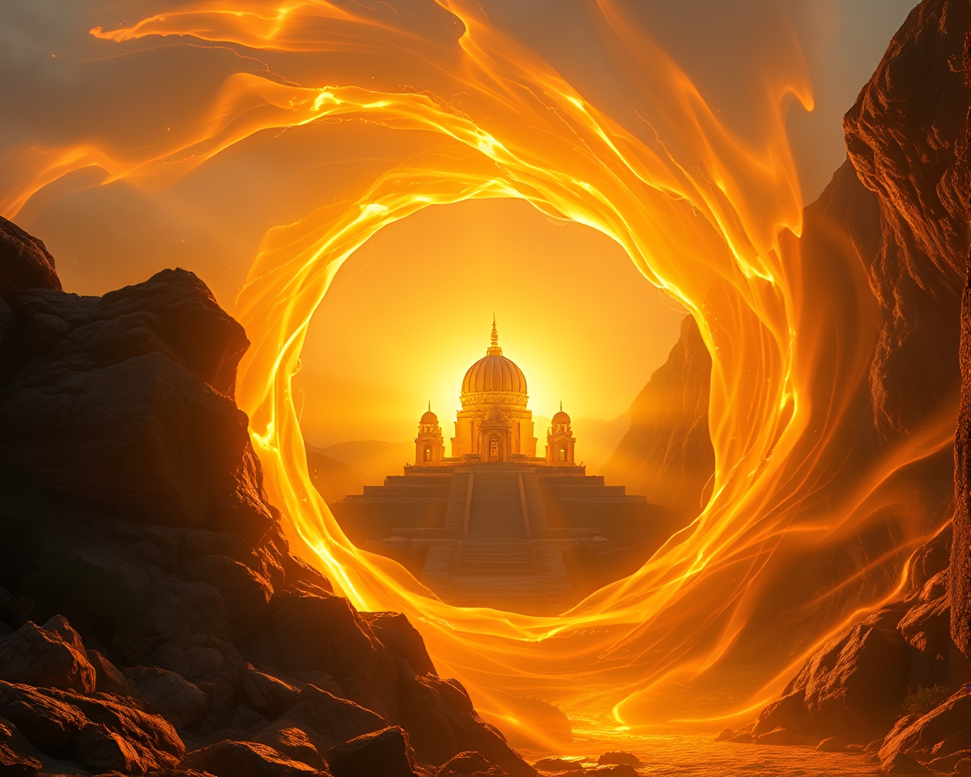 Morning Temple Vortex in Golden Rim Lighting – free AI stock image