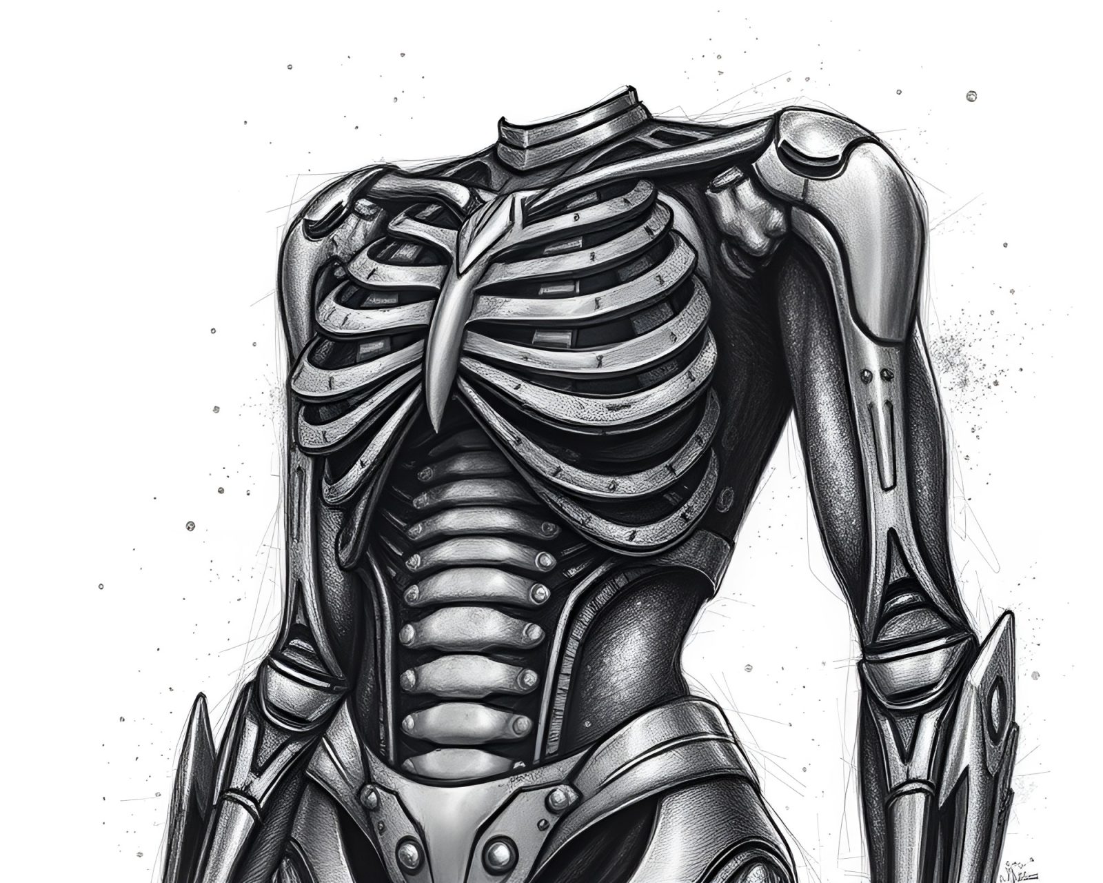 Detailed charcoal sketch of exoskeleton suit with glitter dust.