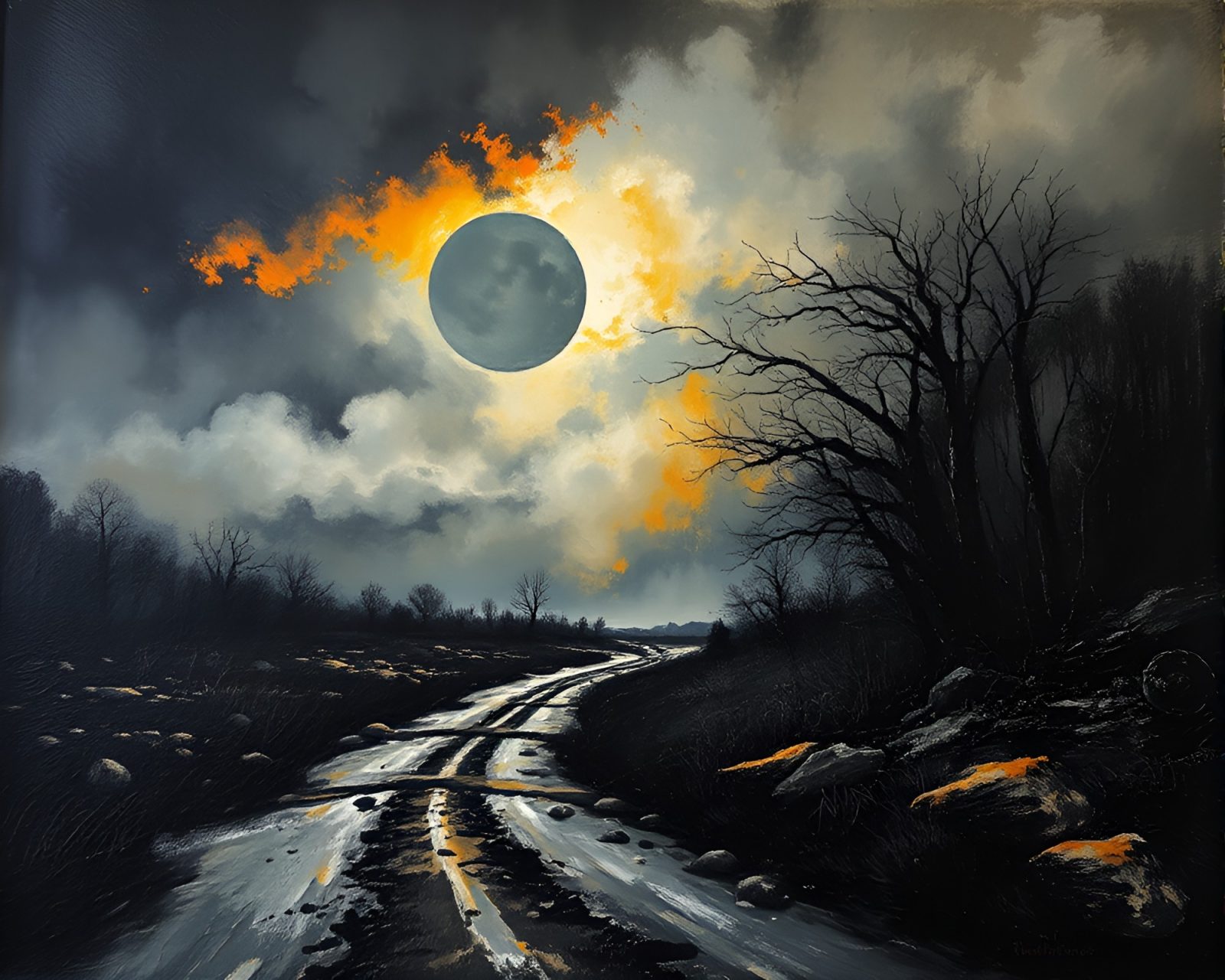 Vibrant street art tags in dramatic chiaroscuro landscape etching
