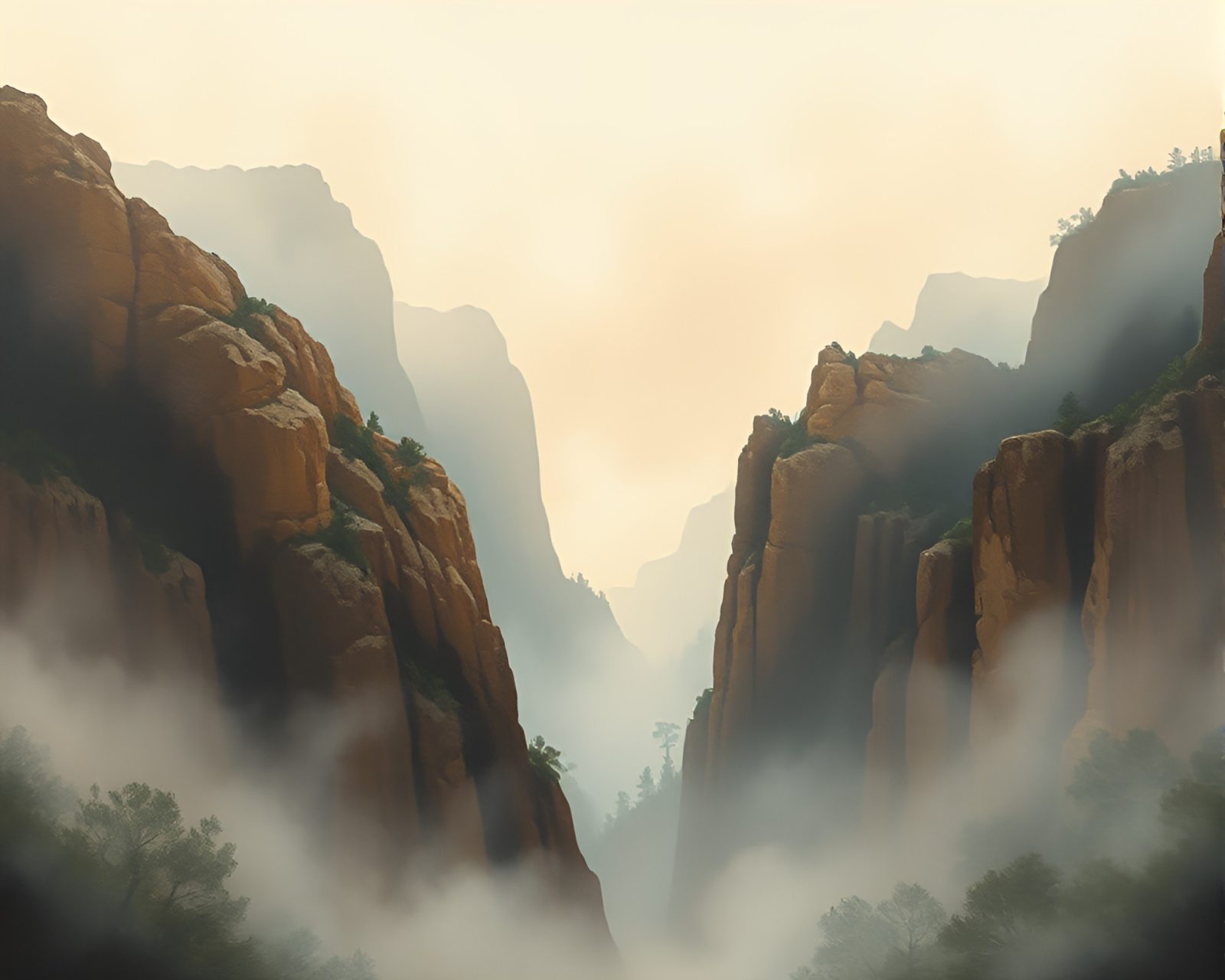 Tempera painting of a foggy canyon with paper tears