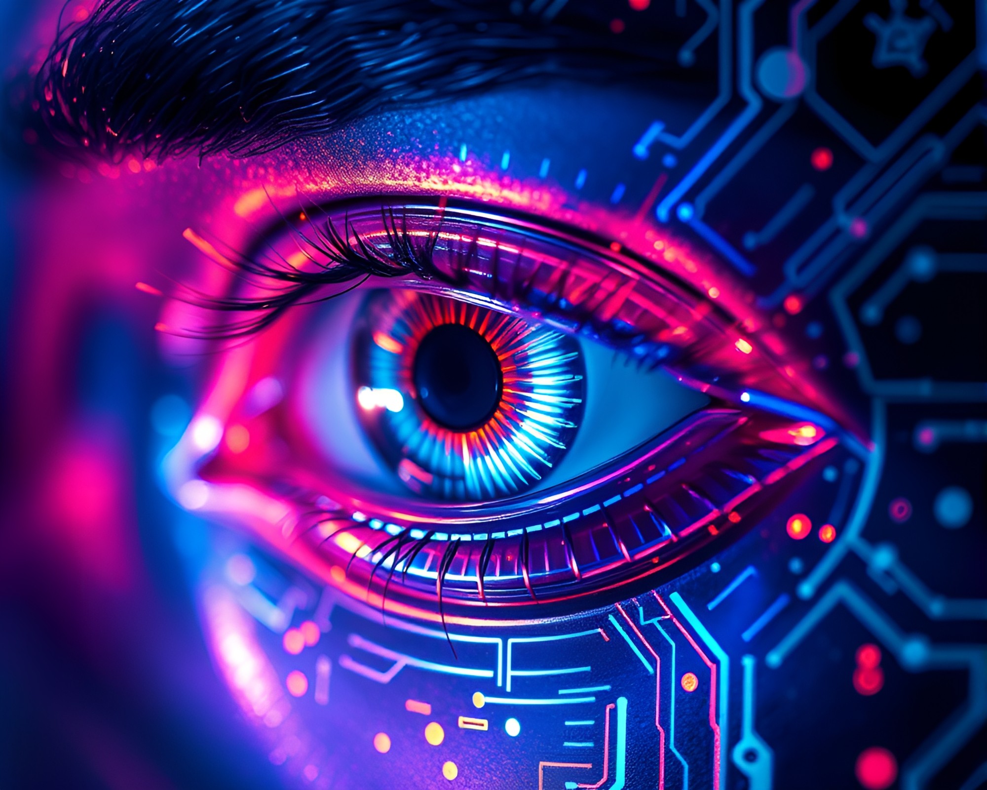 Futuristic Cybernetic Eye with Holographic Foil Stamp – free AI stock image
