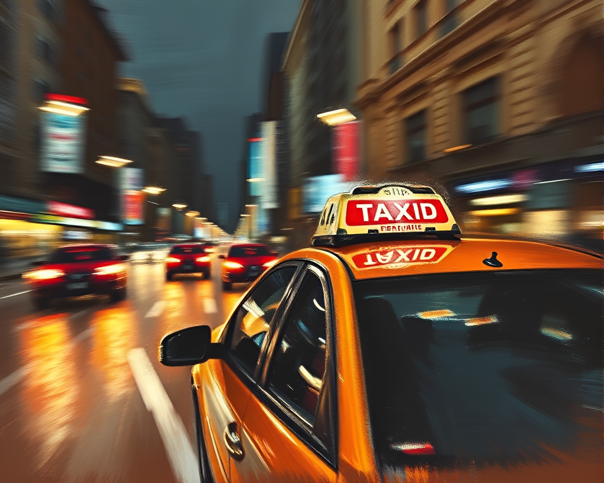 Dramatic Statue in Pastel Taxi Blur Scene – free AI stock image