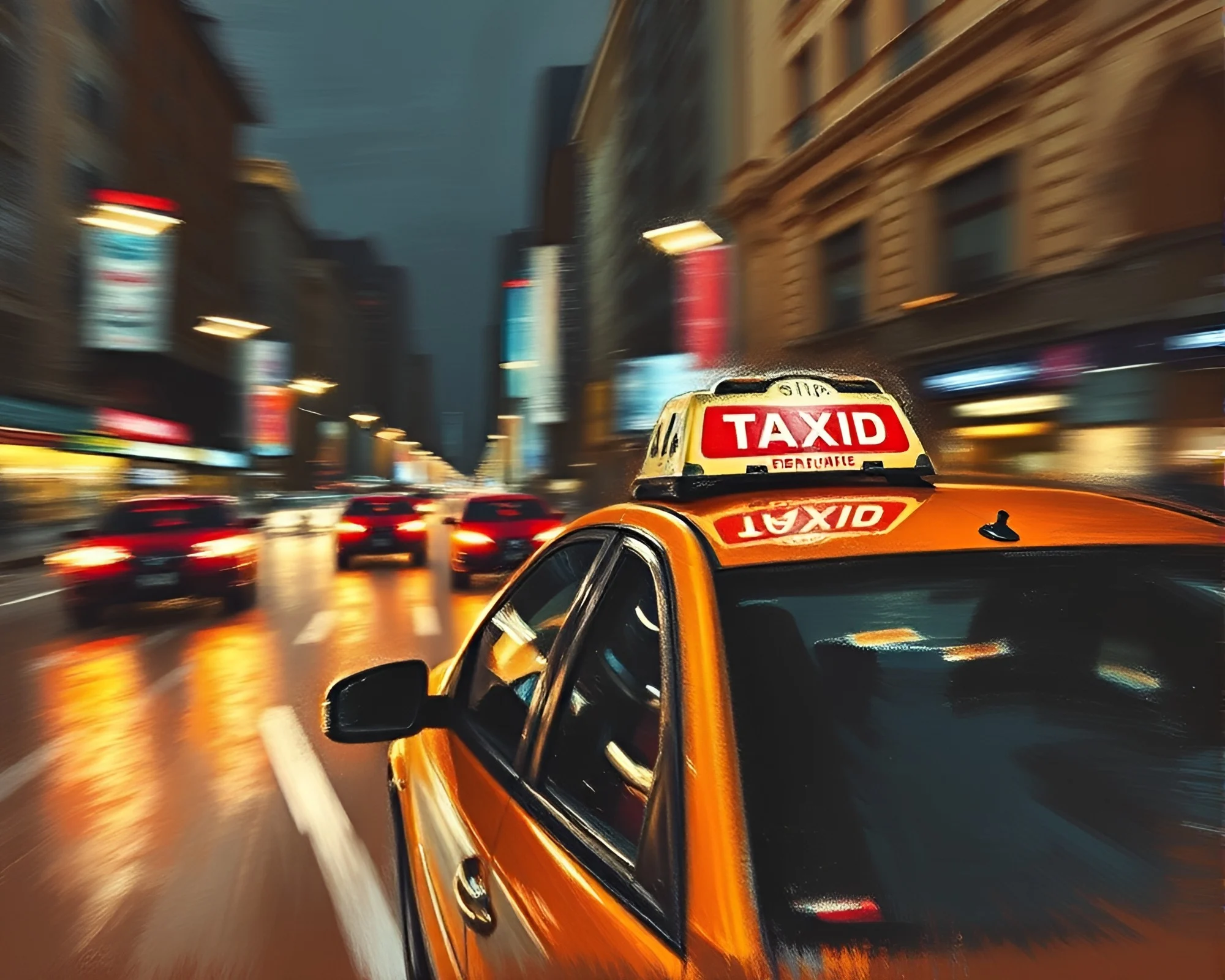 Dramatic Statue in Pastel Taxi Blur Scene