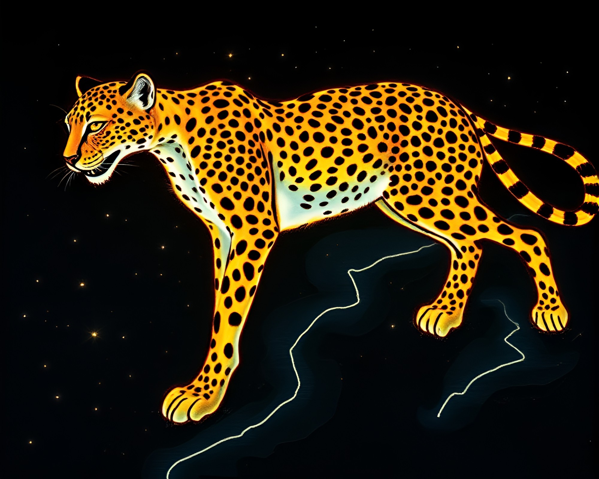 Glow-in-the-Dark Cheetah on Chalkboard Wet Pavement – free AI stock image