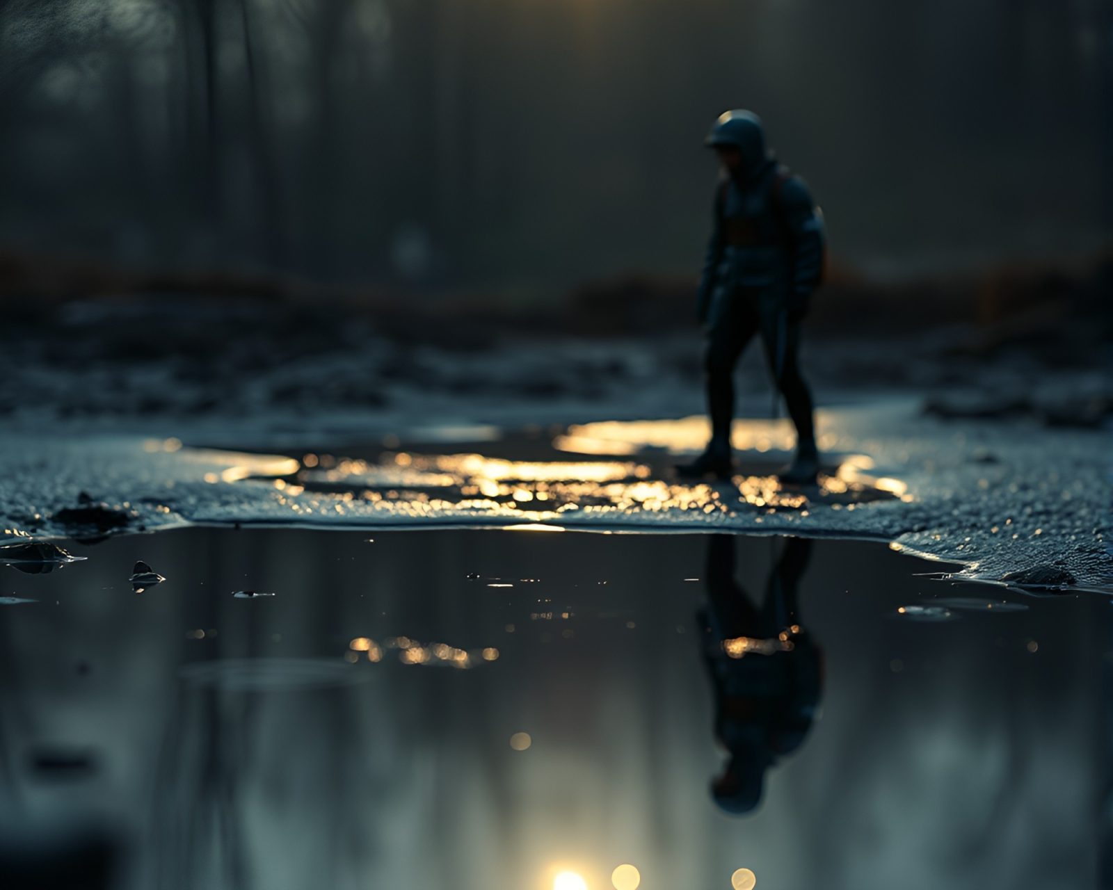 Engraved knight armor reflected in a dark puddle