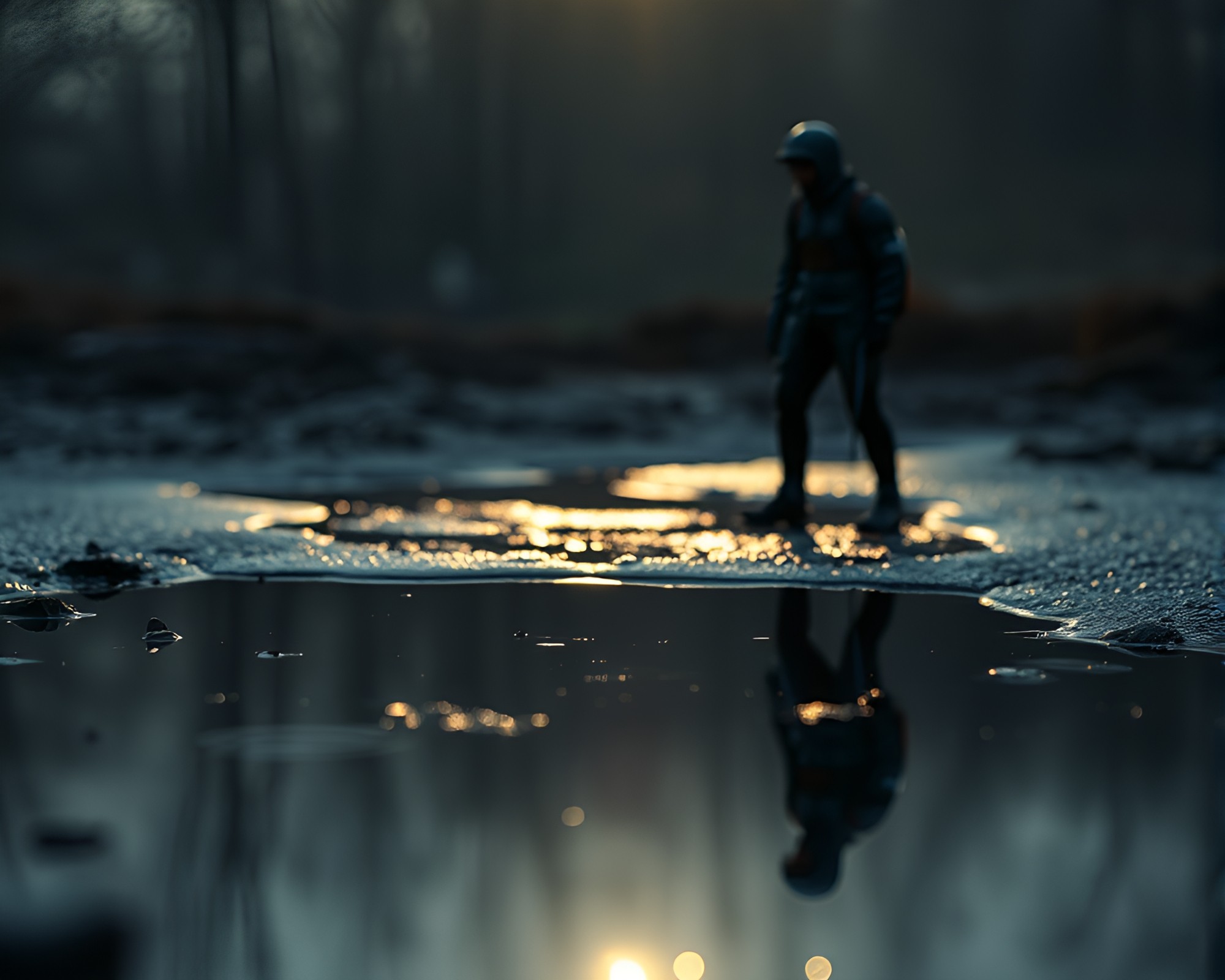 Knight’s Armor Reflection in Puddle Engraving – free AI stock image