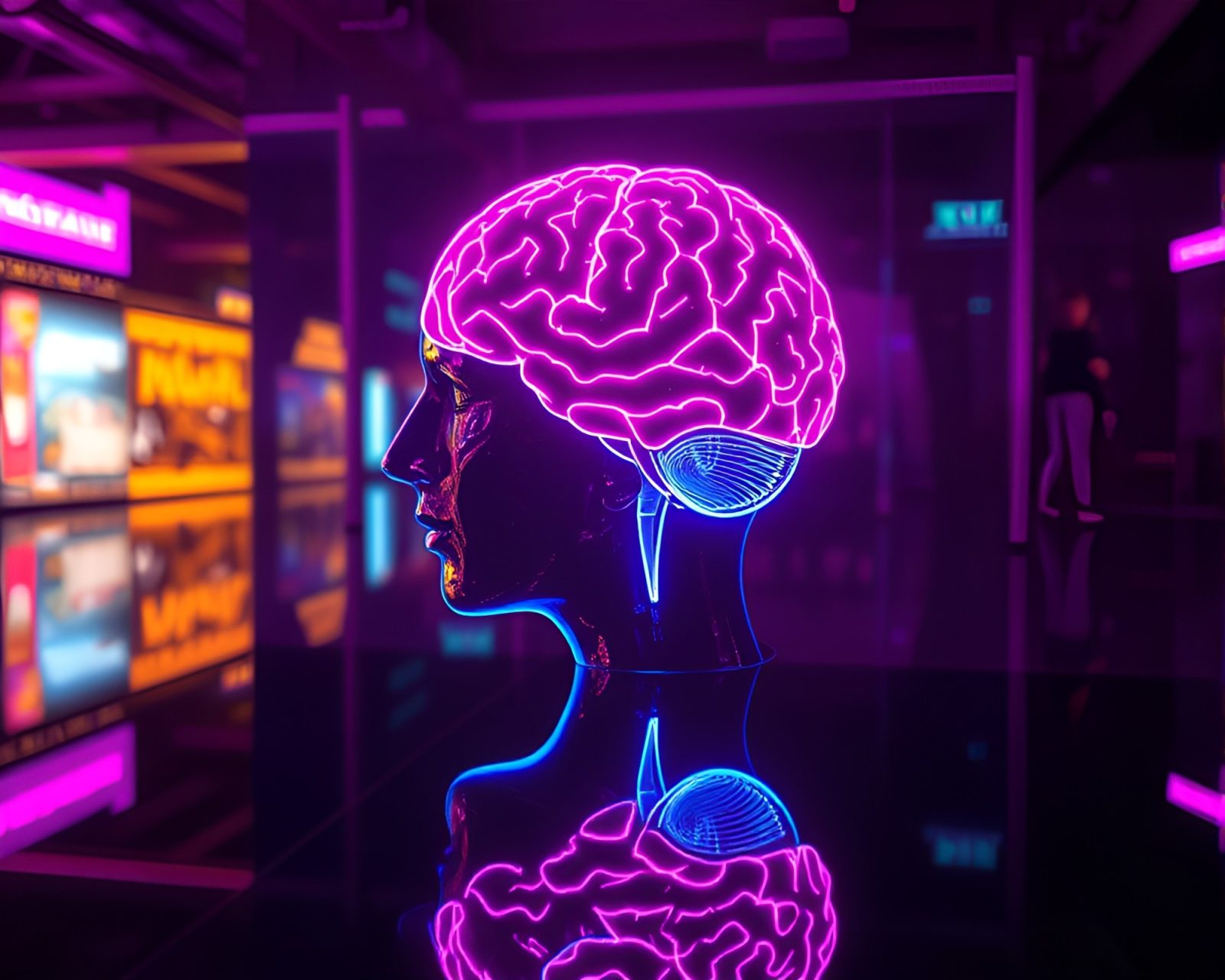 Artistic depiction of a glowing AI brain in darkness
