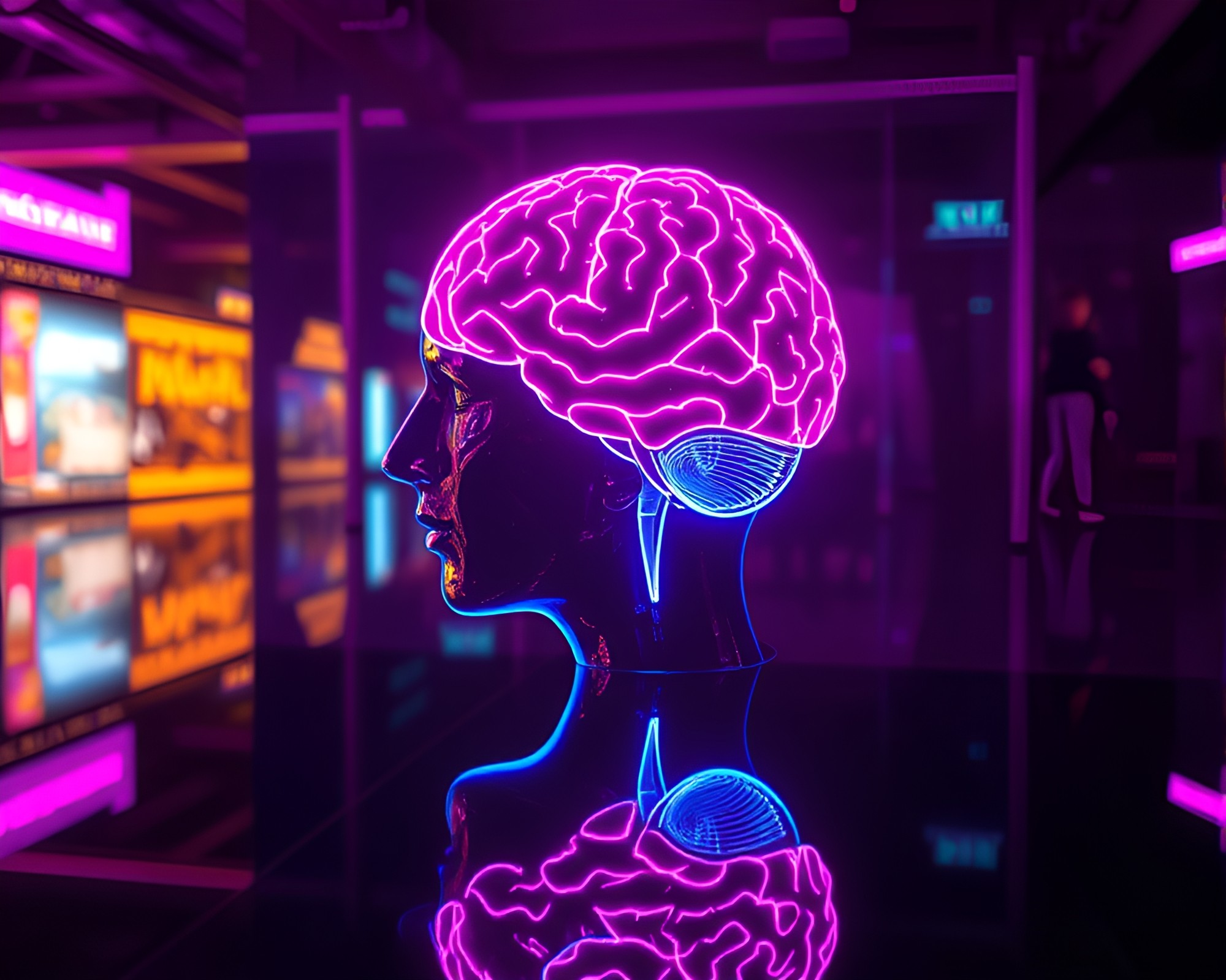 Cybernetic Mind: Neon AI Reflections in Low Light – free AI stock image