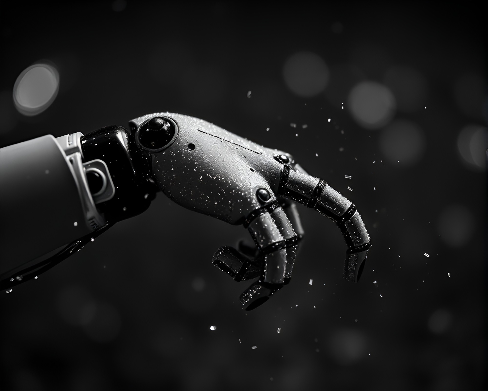 Monochrome Futuristic Robotic Arm Close-up with Glitter Dust – free AI stock image