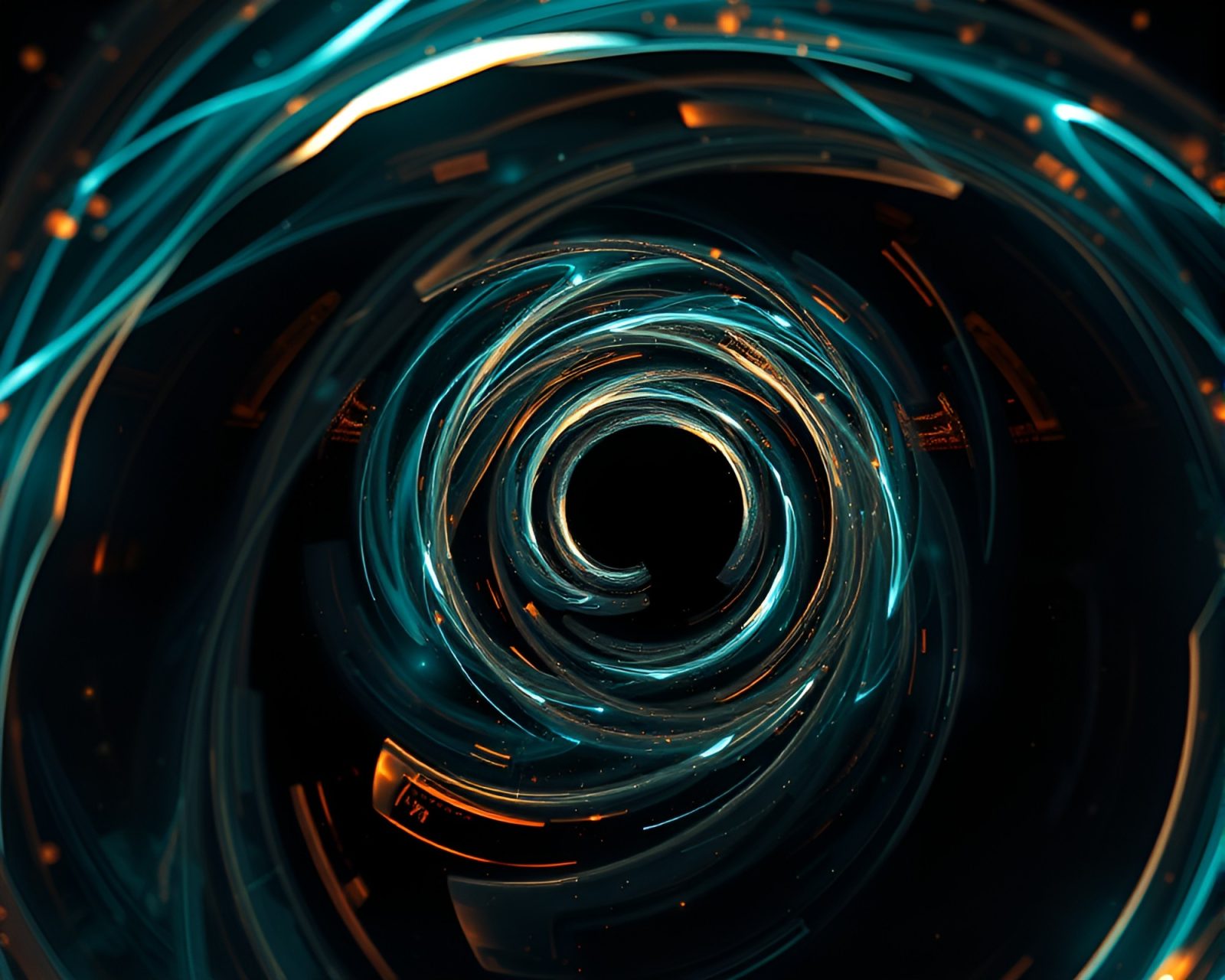 Grisaille-style glass tunnel with swirling fluorescent vortex