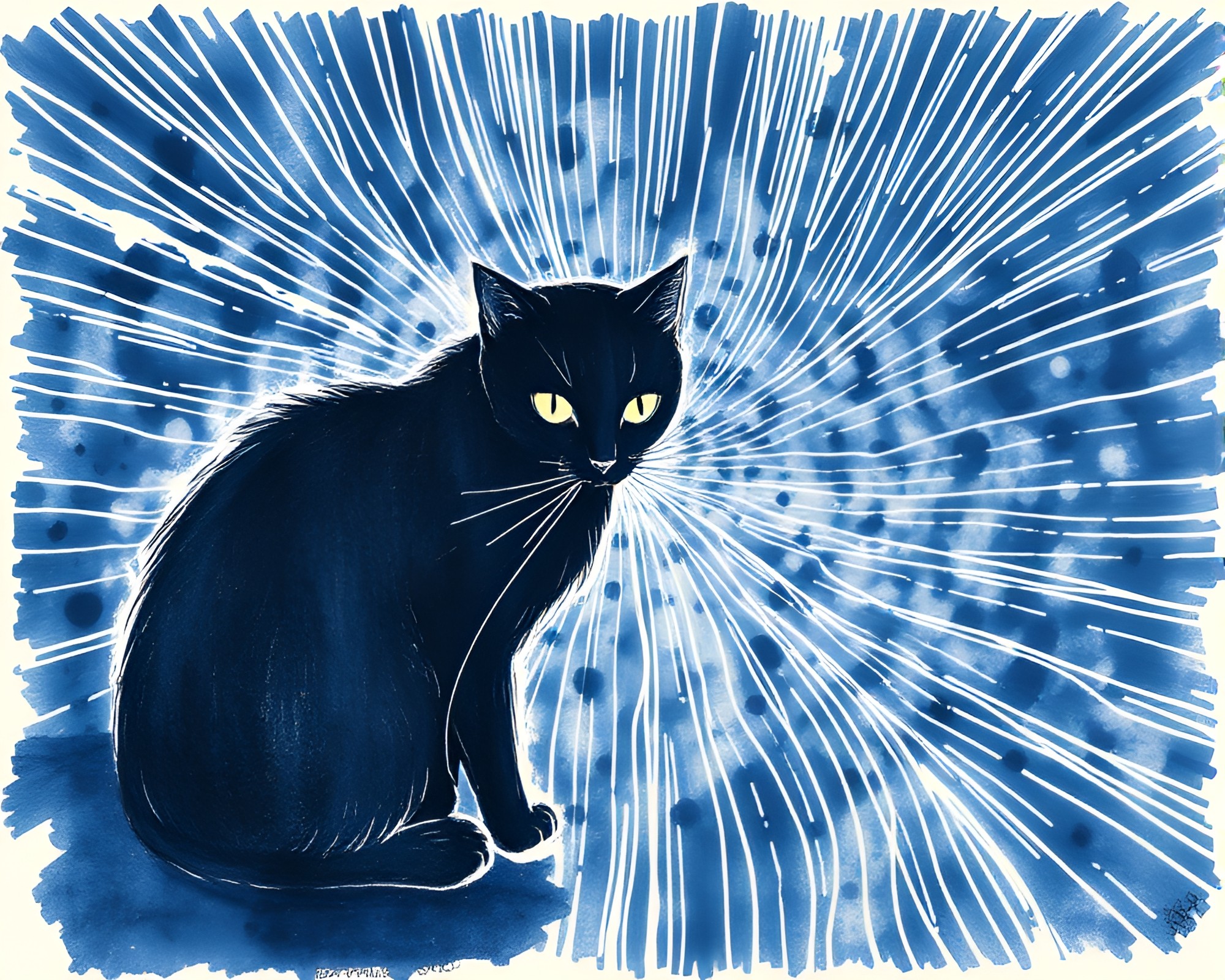Schrodinger’s Cat: Indigo Sumi-e Mystery – free AI stock image