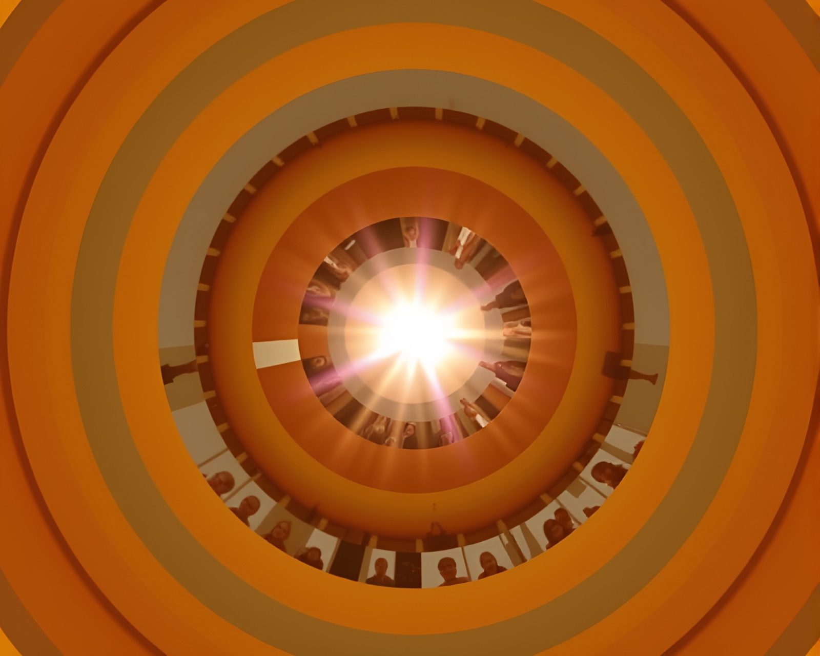 Brightly lit stagecoach surrounded by concentric circles in collage style