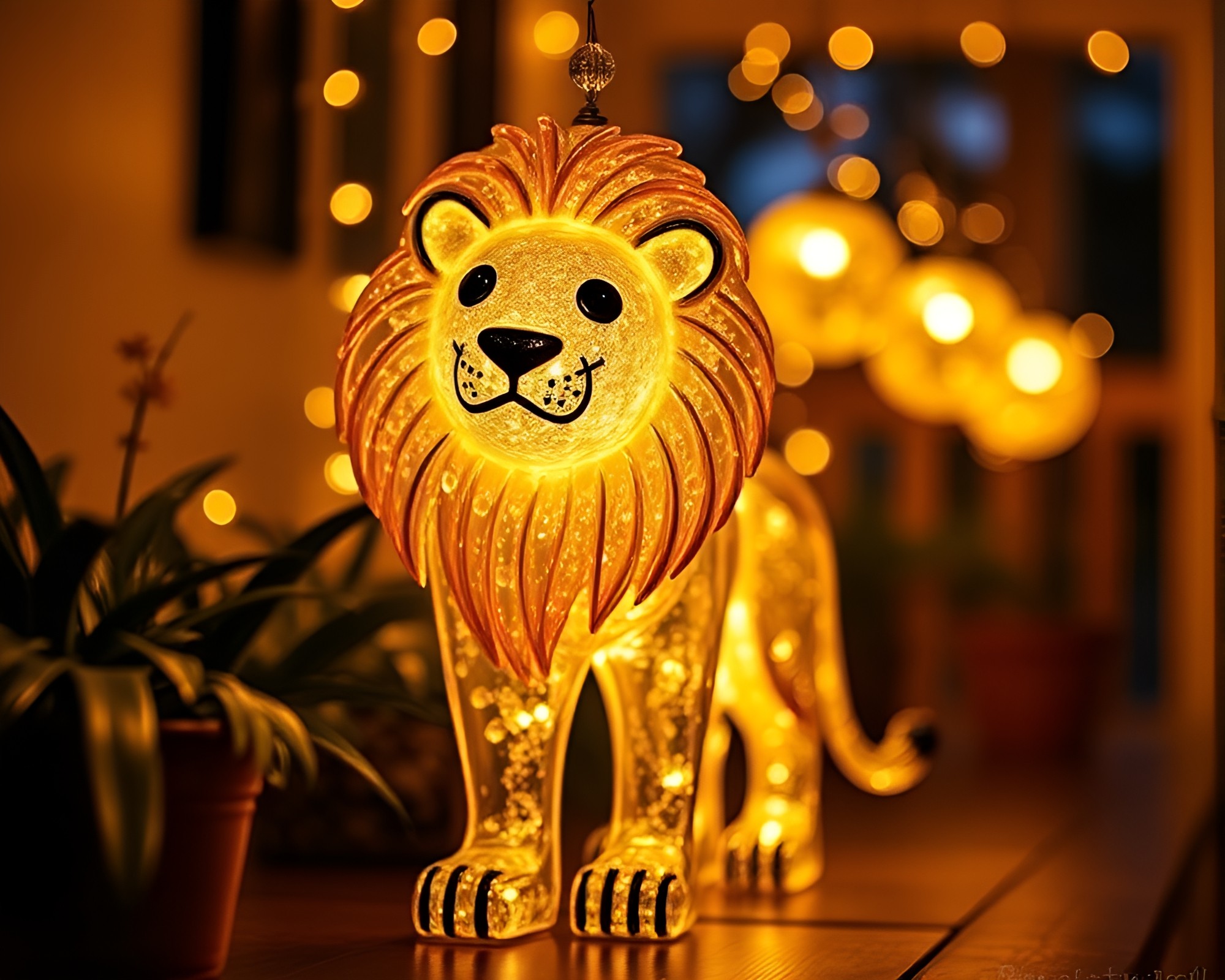 Lion illuminated by LED porchlight through wet glass beads – free AI stock image