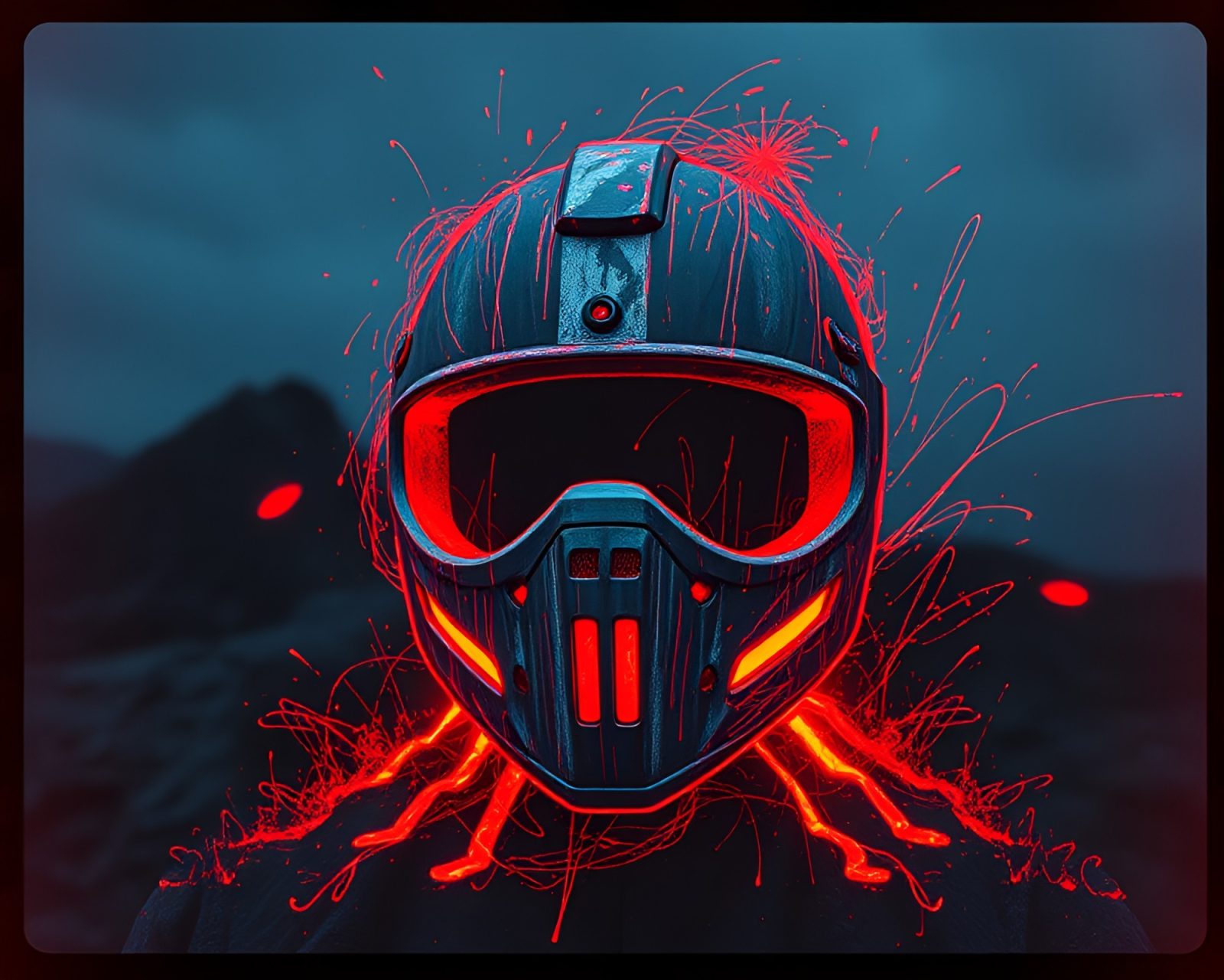 Helmet surrounded by glowing volcano-red aura in film strip frame