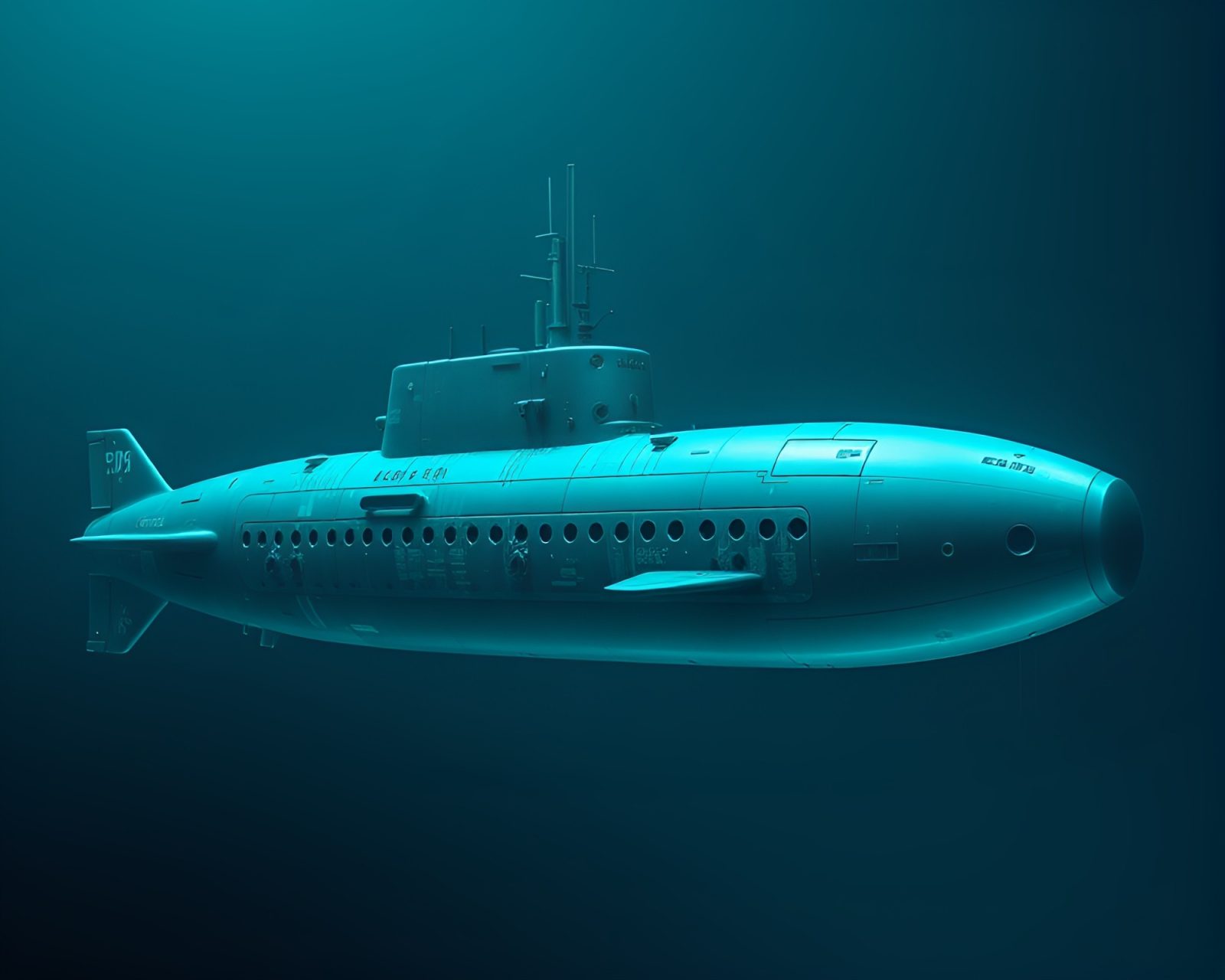 Medium shot of futuristic submarine in tranquil teal waters