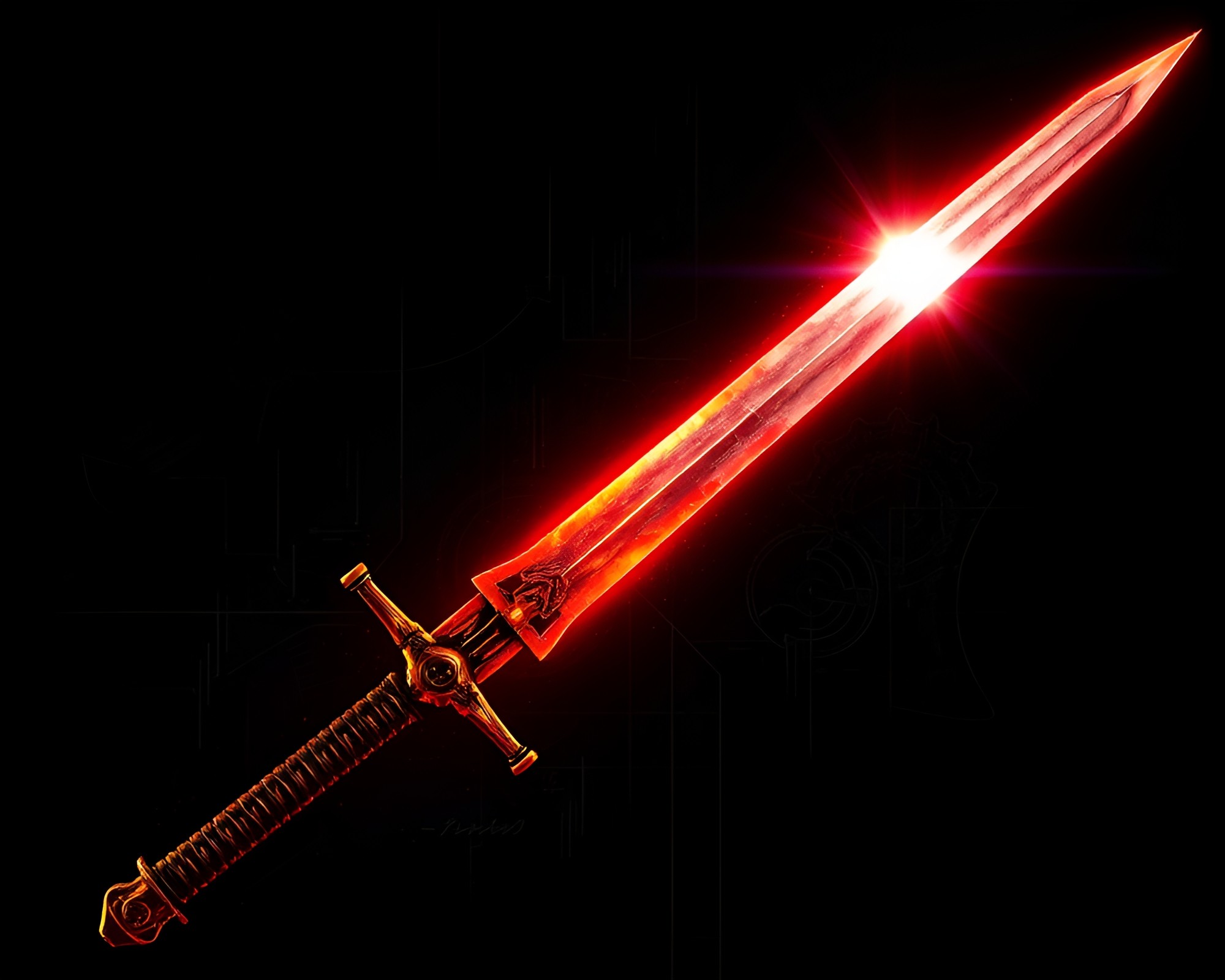 Solar Flare Illuminated Blueprint Sword in Scratch Textures – free AI stock image