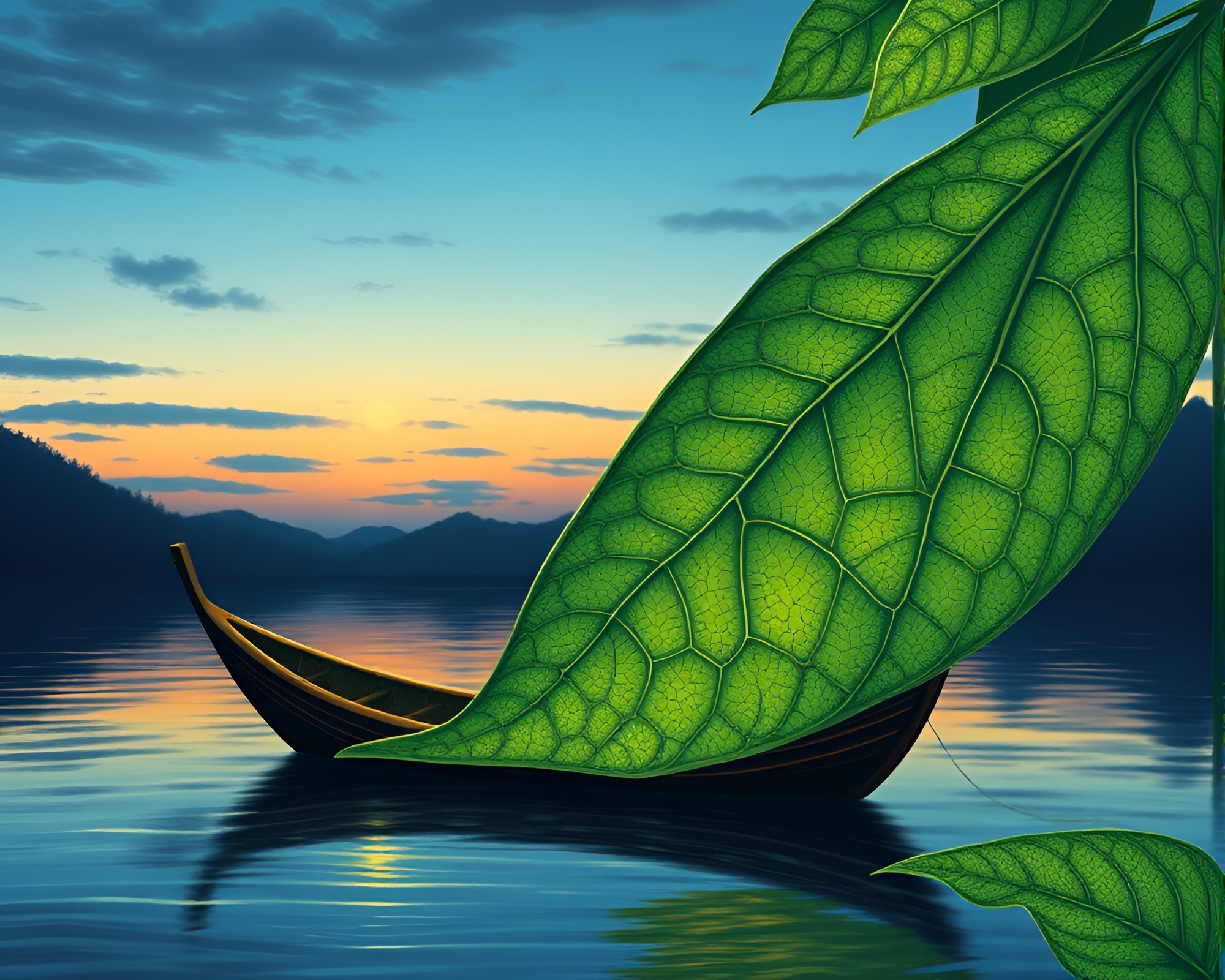 Twilight Hydrofoil Boat Through Leaf Vein Botanical Illustration – free AI stock image