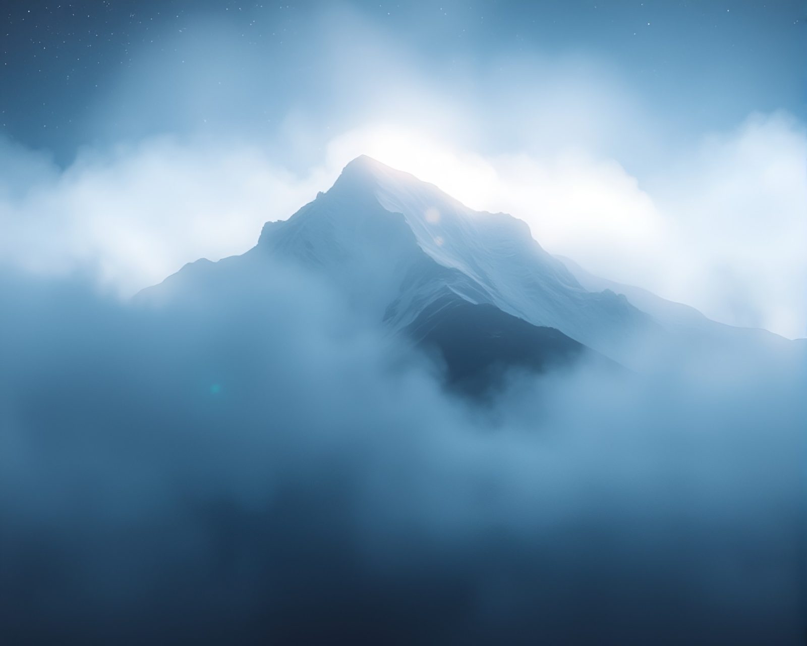 A mesmerizing image of misty mountains lit by firefly-like fiber optics