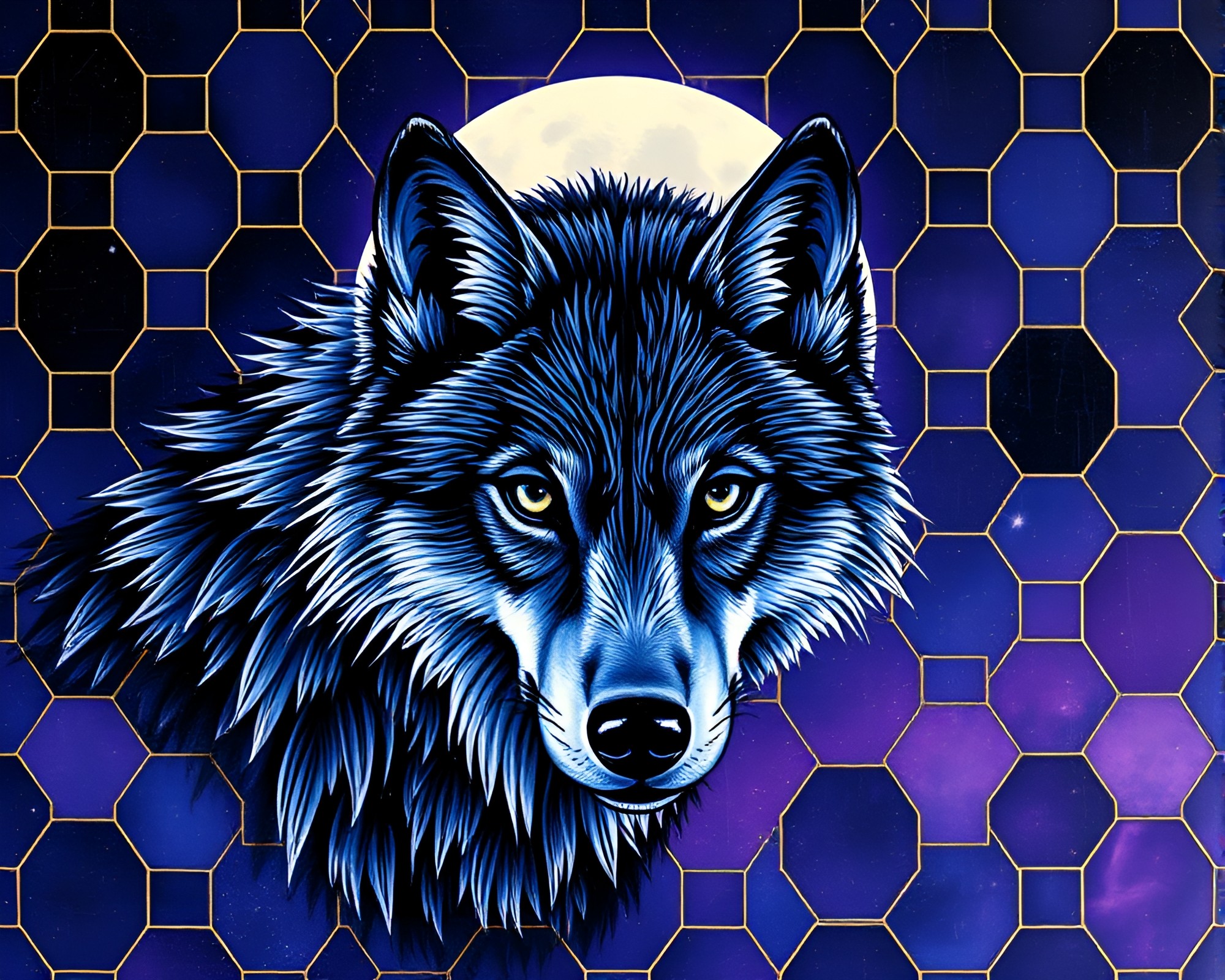 Moonlit Wolf in Engraved Jewel-Toned Hexagonal Tiling – free AI stock image