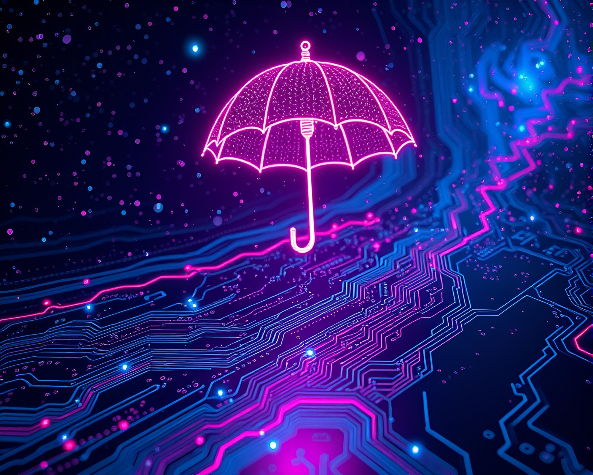 Neon-lit Umbrella under Milky Way on Duochrome Circuit Board – free AI stock image