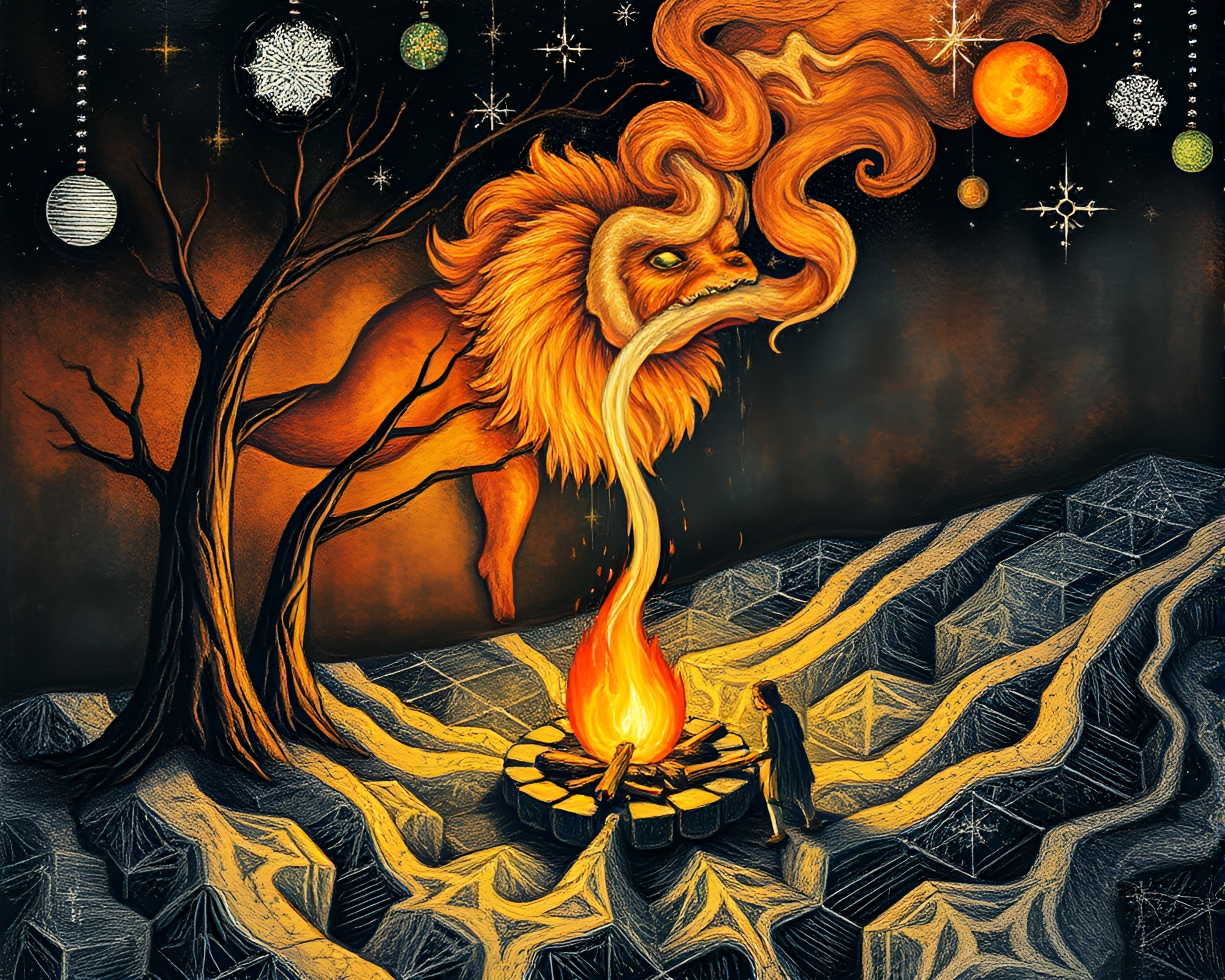 Fantasy Chalk Drawing of Escher Tessellation by Bonfire Light – free AI stock image