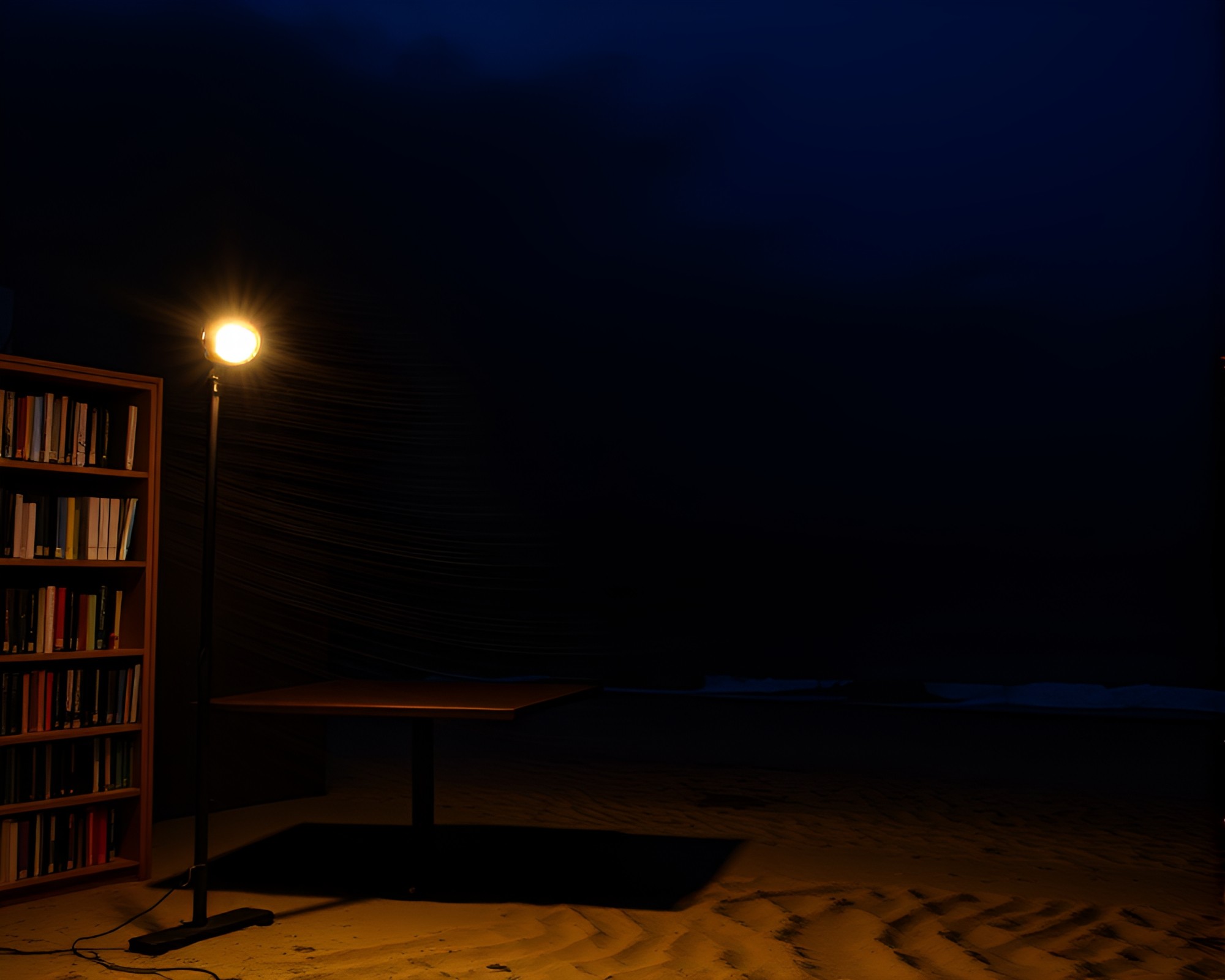 Surreal Beach Motion Capture with Library Lamp Light – free AI stock image