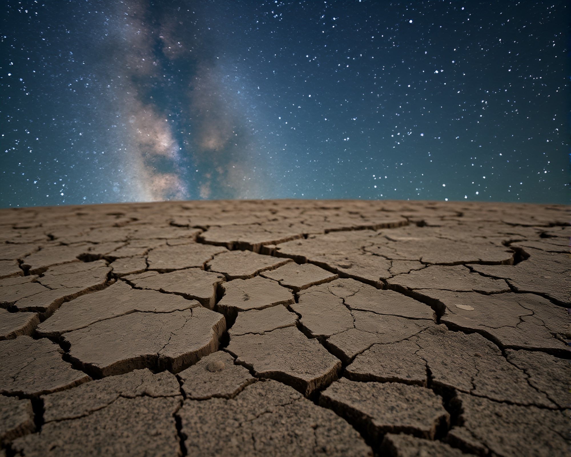 Cracked Earth Spring Blossom Under Starlit Sky – free AI stock image