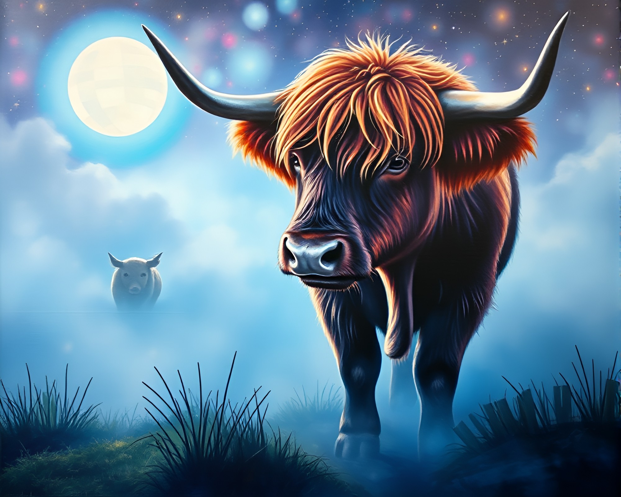 Foggy Highland Cow Disco Ball Mural – free AI stock image