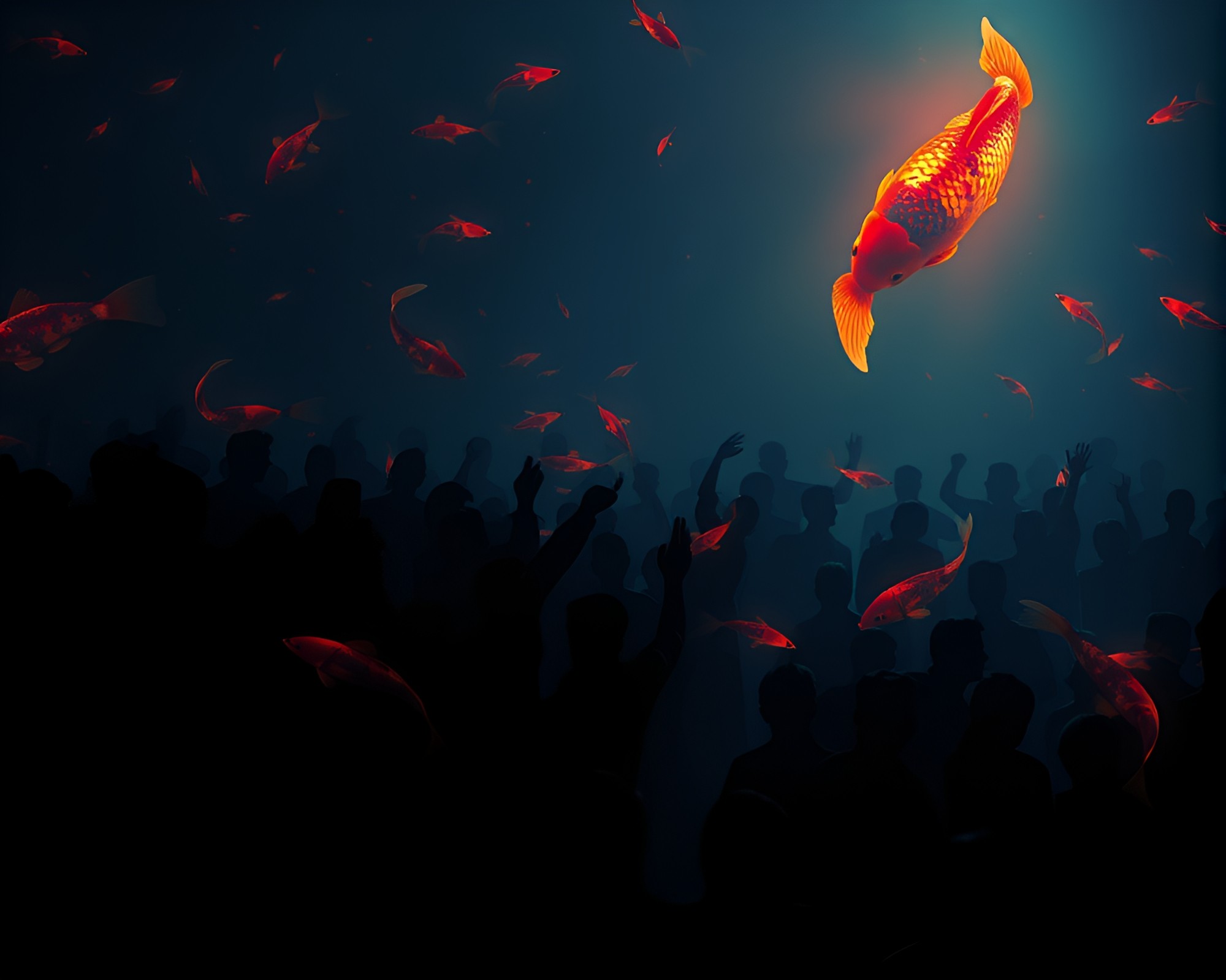 Surreal Ultraviolet Koi Fish Crowd Silhouette Art – free AI stock image