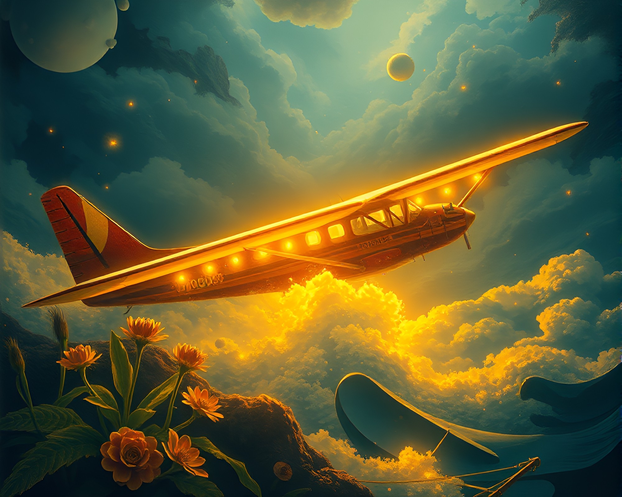 Gilded Sea Plane Soaring in Theatrical Botanical Night – free AI stock image