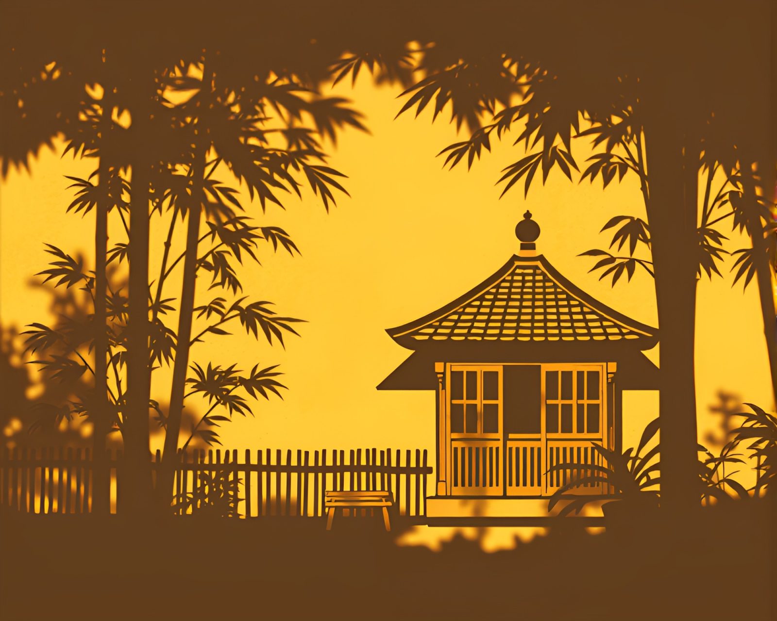 Serene bamboo hut with soft, muted lighting and shadows