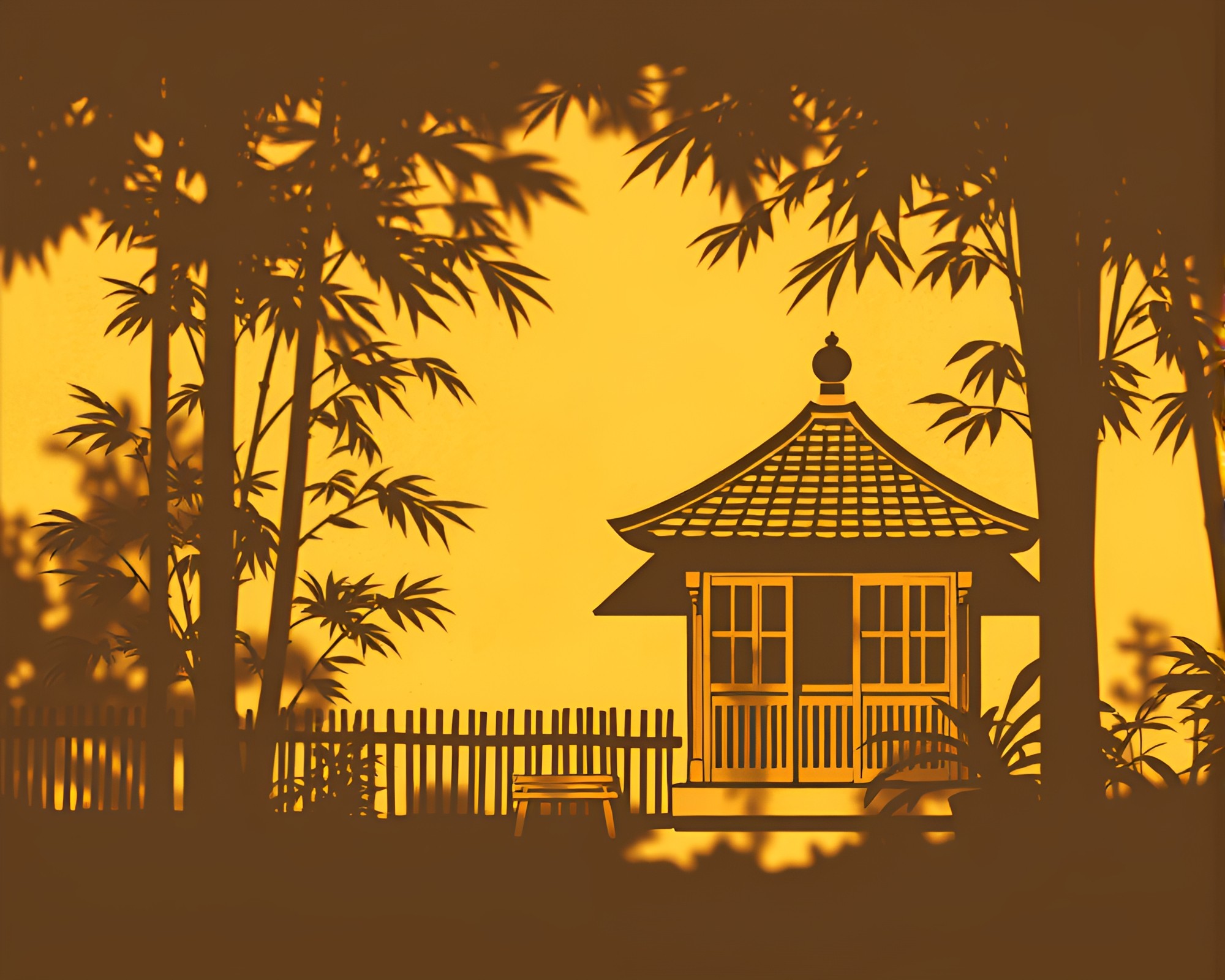 Bamboo Hut Casts Tri-Tone Stencil Shadows – free AI stock image