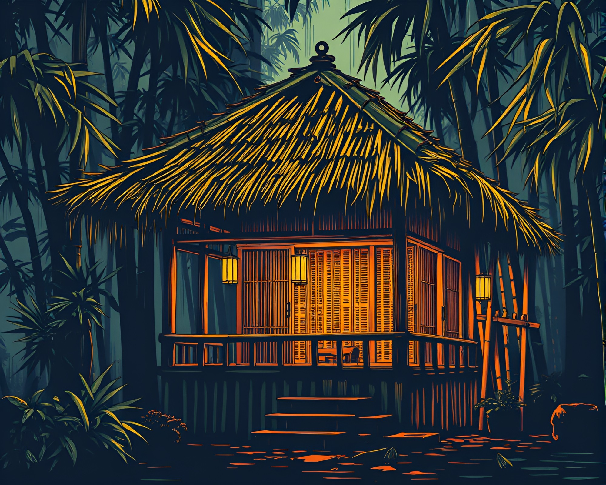 Vector Halftone Bamboo Hut in Dripped Paint Style – free AI stock image
