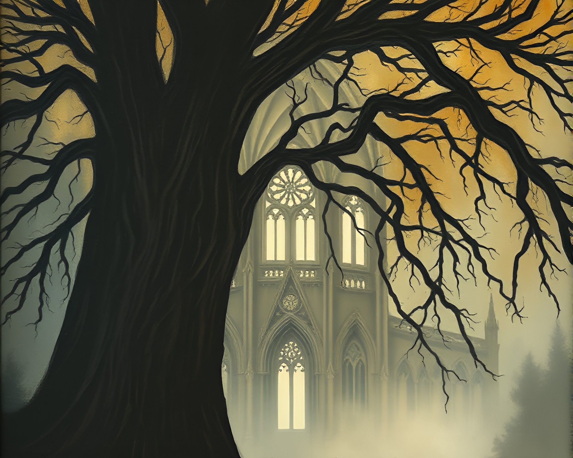 Gothic Cathedral Tree Ring Gouache Painting – free AI stock image