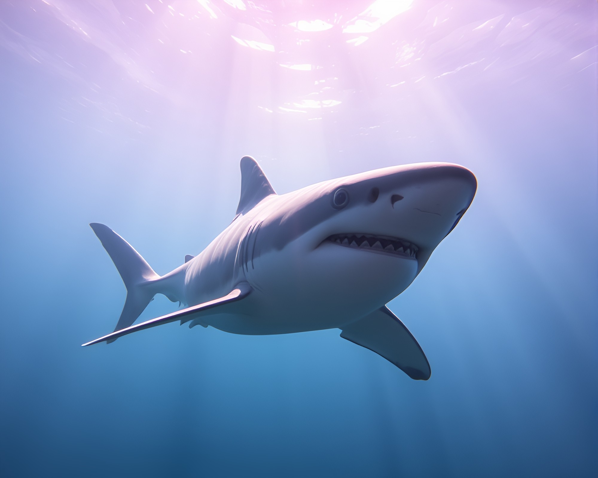 Shark swimming through amethyst-hued fiber optic galaxy – free AI stock image